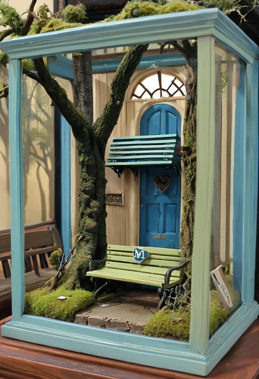 <lora:artfullyDIORAMA_SDXL_V1:1>, artdrm, diorama, blue door, moss, tree, bench, school,