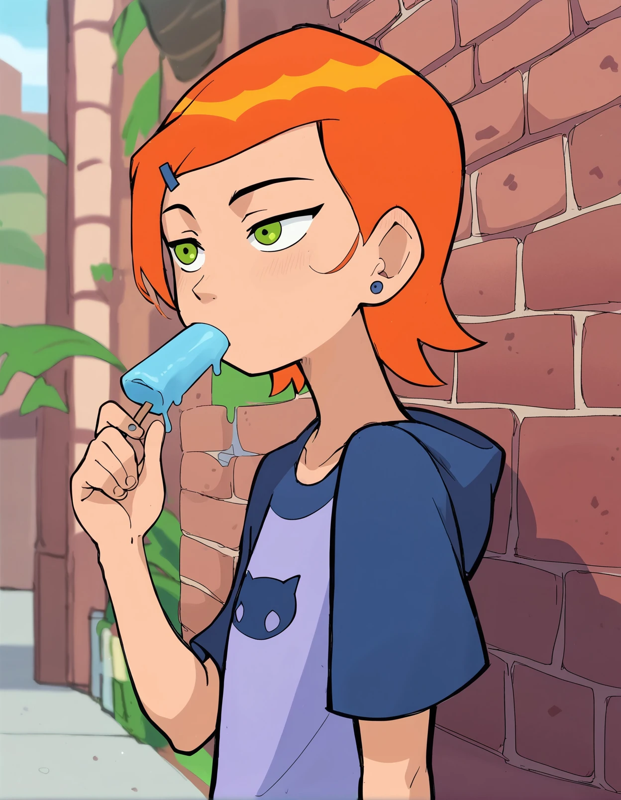 score_9,score_8_up,score_7_up,score_6_up,score_5_up,score_4_up, flat color, gwen tennyson from ben 10, , green eyes, orange hair, short hair, from side, eating popsicle, hairclip, short hair, summer, solo
<lora:gnsisir_style_pony6_v1-000036:1.2>