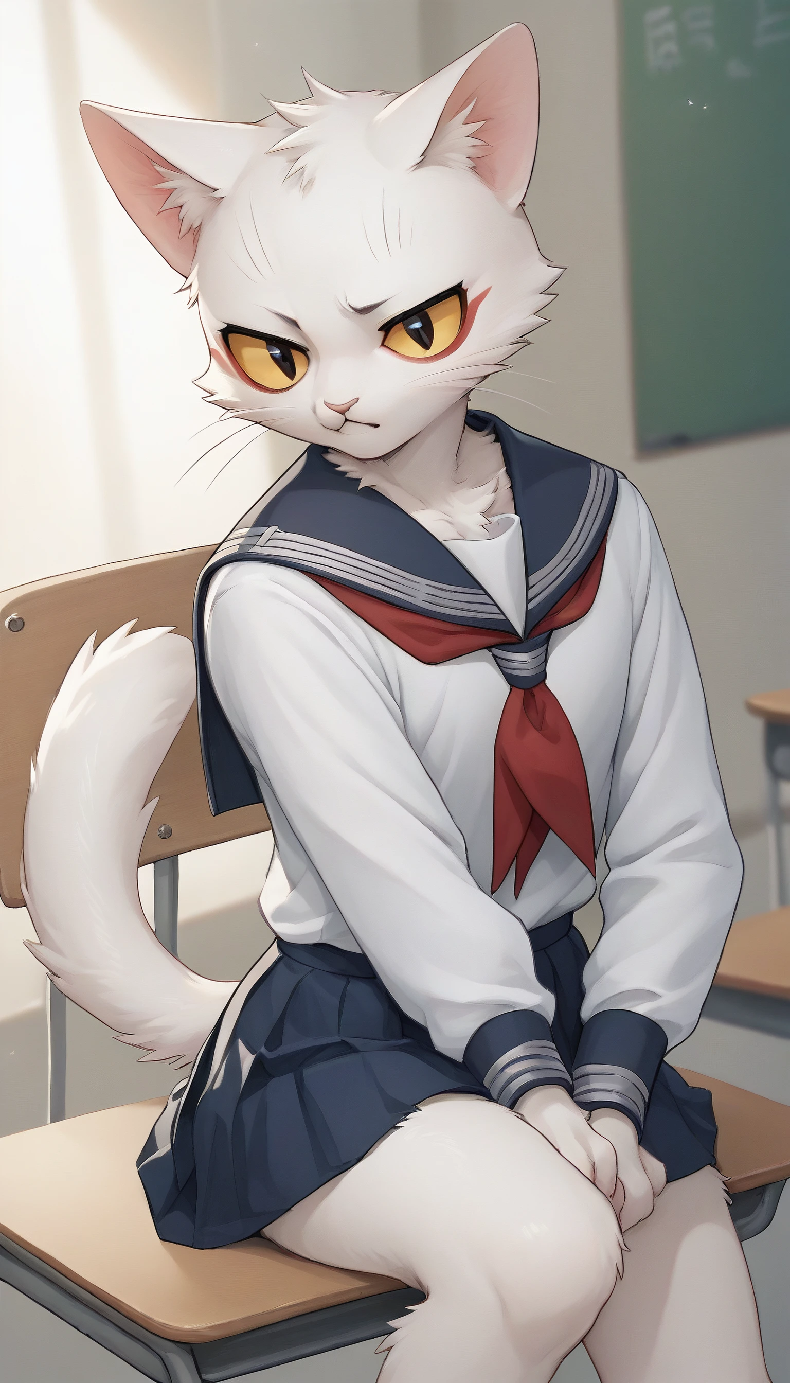 source anime,Score 9,score 8 up,score 7 up,score 6 up,score 5 up,source furry,a white fur furry cat,libing,<lora:shao_qing_xl07:1>,school uniform,