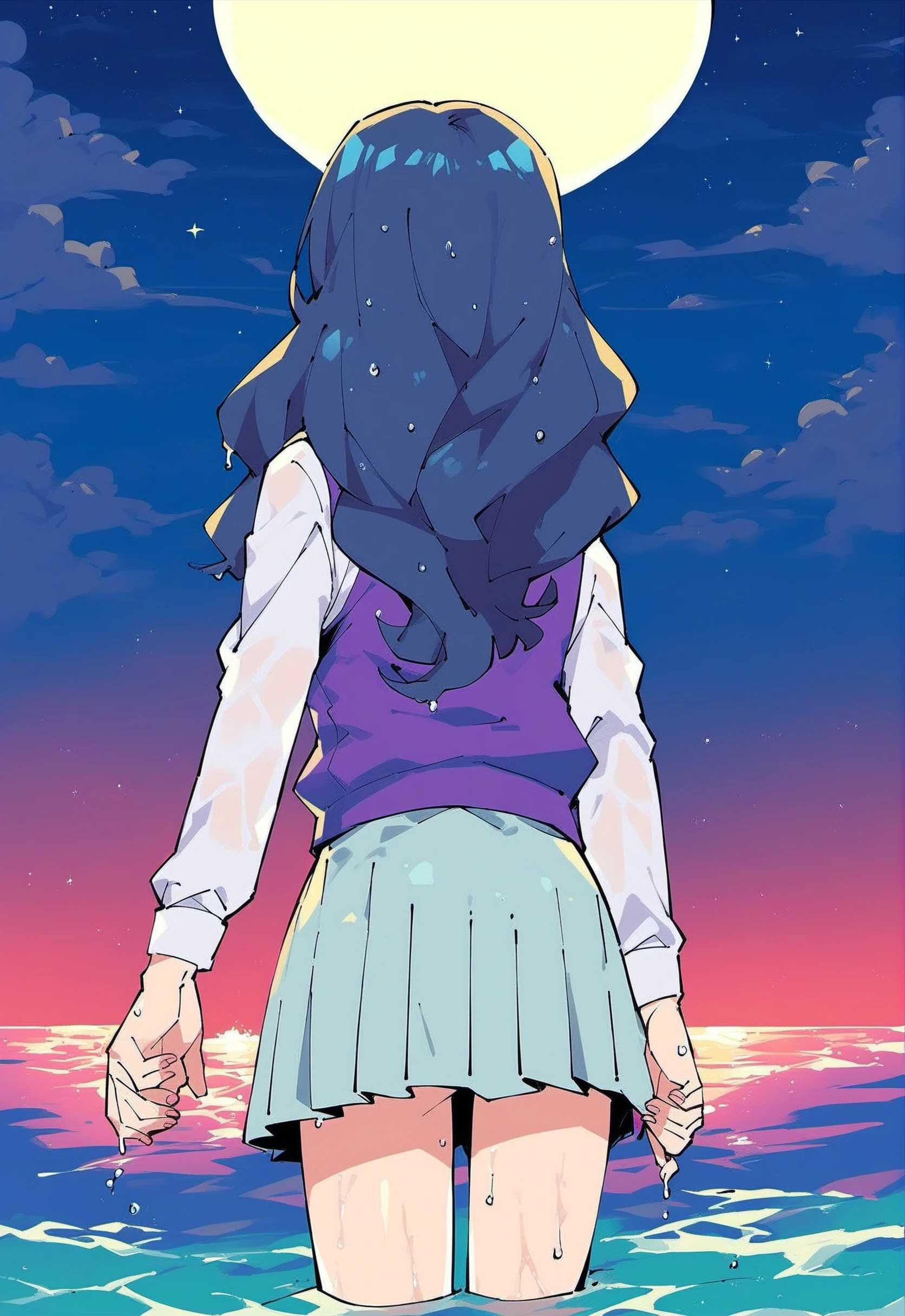 score_9, score_8_up, score_7_up, score_6_up,
BREAK
menori visconti, 1girl, blue hair, long hair, small breast, facing away, from behind, standing, partially submerged
BREAK
purple sweater vest, white shirt, white collared shirt, light blue skirt, long sleeves, wet, wet hair
BREAK
wide shot, horizon, ocean, waves, water, night sky, moon, starry sky, nightlight <lora:RG_Menori_Visconti:1>