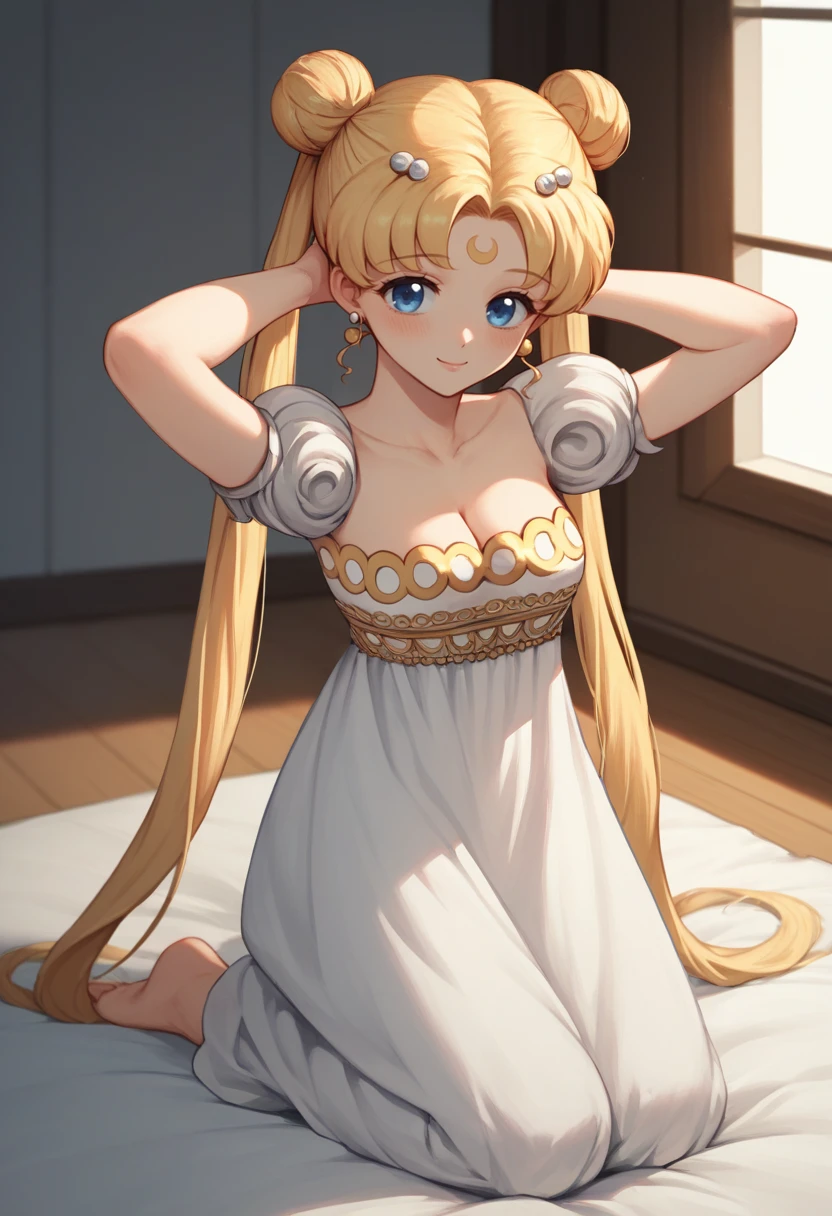 score_9, score_8_up, score_7_up, source_anime BREAK 1girl, solo, <lora:princessserenity-sm-richy-v1_pdxl:1> princessserenity, blue eyes, blonde hair, twintails, double bun, hair ornament, forehead mark, earrings, white dress, cleavage, puffy short sleeves, arms behind head, kneeling, indoors, blush, smile