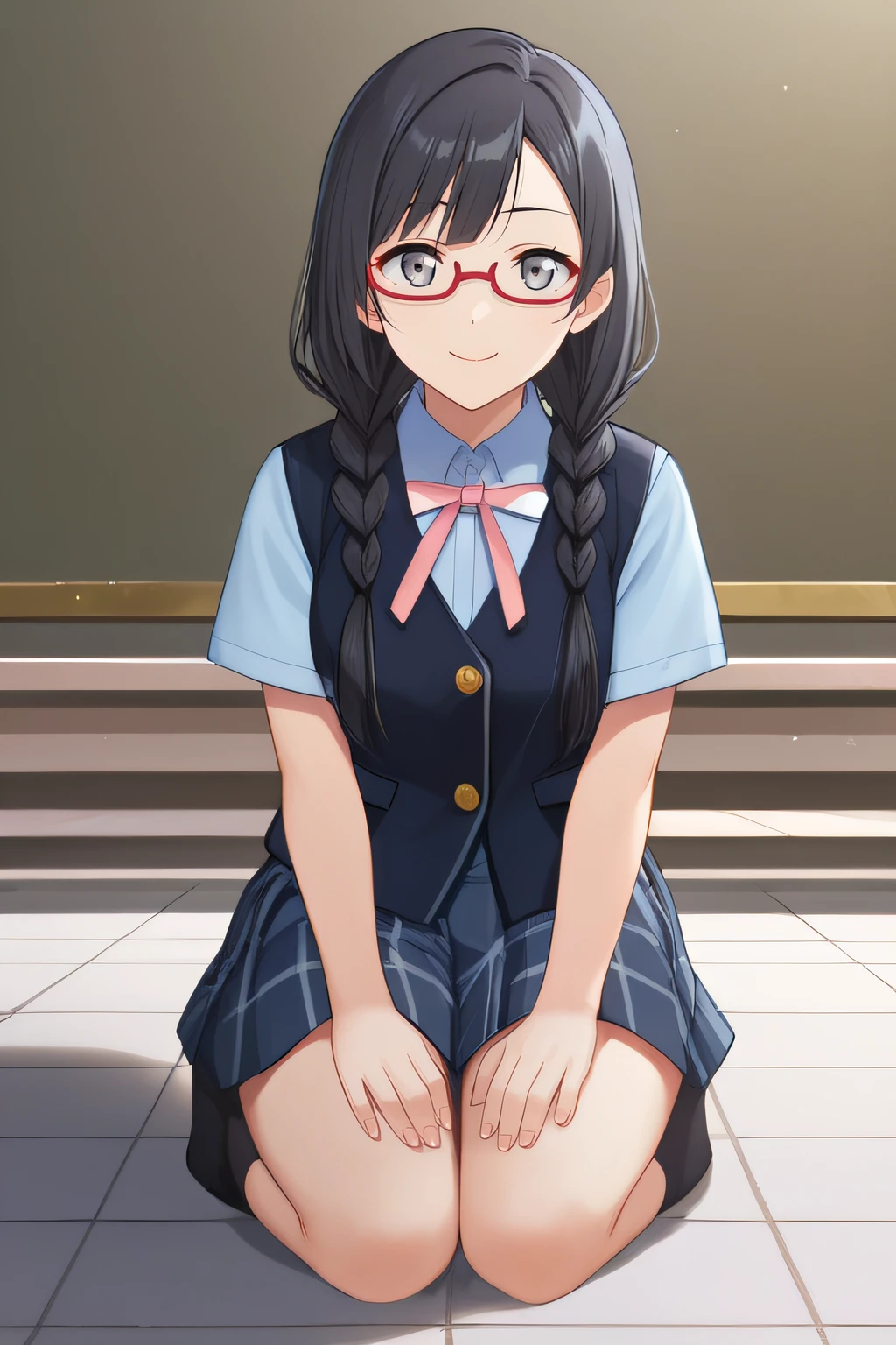 score_9, score_8_up, score_7_up, source_anime, rating_safe, intricate details, anime screencap, official style, <lora:Nakagawa_Nana:1>, nakagawa, black hair, grey eyes, red glasses, twin braids, school uniform, collared shirt, short sleeves, pink ribbon, black vest, pleated skirt, plaid skirt, looking at viewer, five fingers, fingernails, full body, kneeling, indoor, black socks, seiza, smile