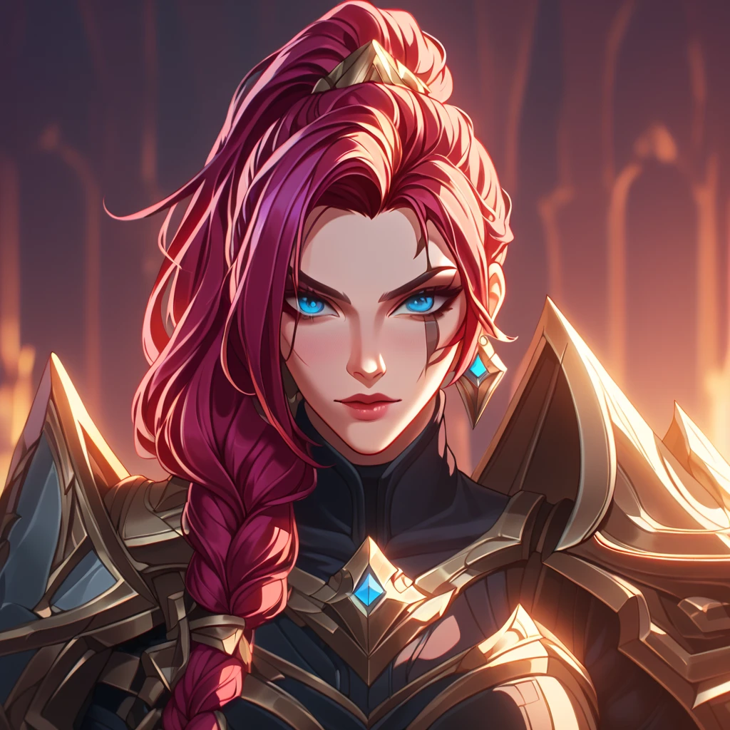 a female character from league of legends, she has red hair and blue eyes, wearing heavy armor with long sleeves and shoulder pads, wearing an eye patch over her left eye, wearing gloves on hands, fantasy background, portrait shot, cinematic lighting, unrealstyle, amazing quality, insane details