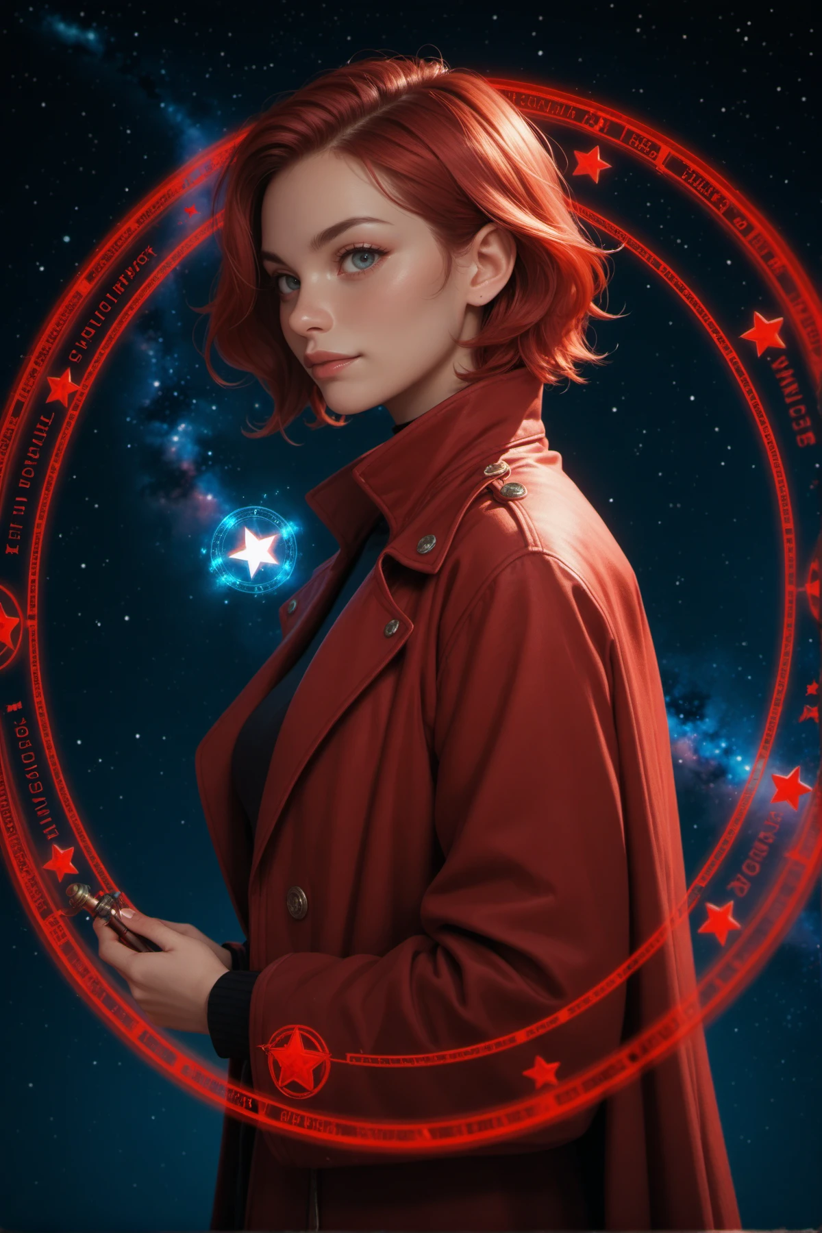 score_9, score_8_up, score_7_up,score_6_up, score_5_up, 1girl, looking at the viewer, red hair,  space, star, magic, magic circle, magic coat,