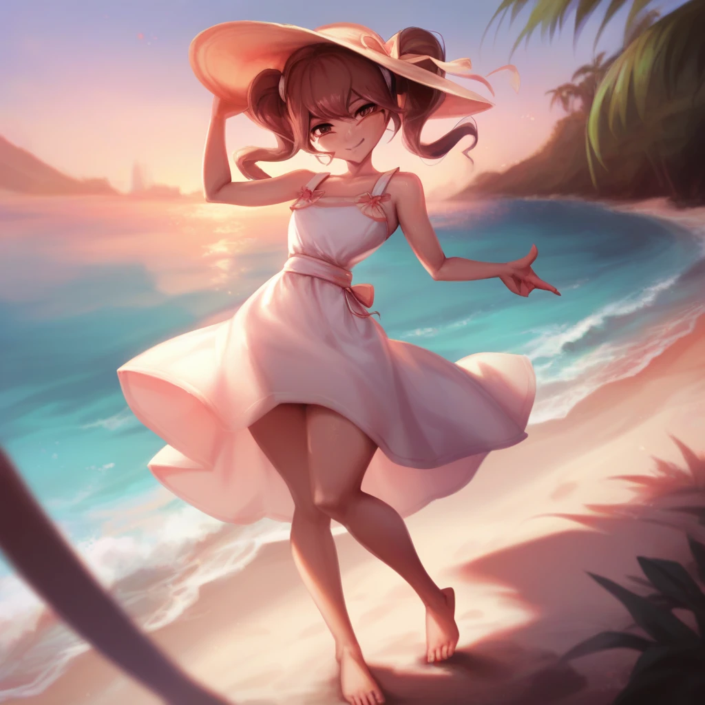 score_9, score_8_up, score_7_up, <lora:sirfy-15:1> sirfy, 1girl, twin tails, brown eyes, summer dress, beach, ocean, sunset, smiling, barefoot, holding hat