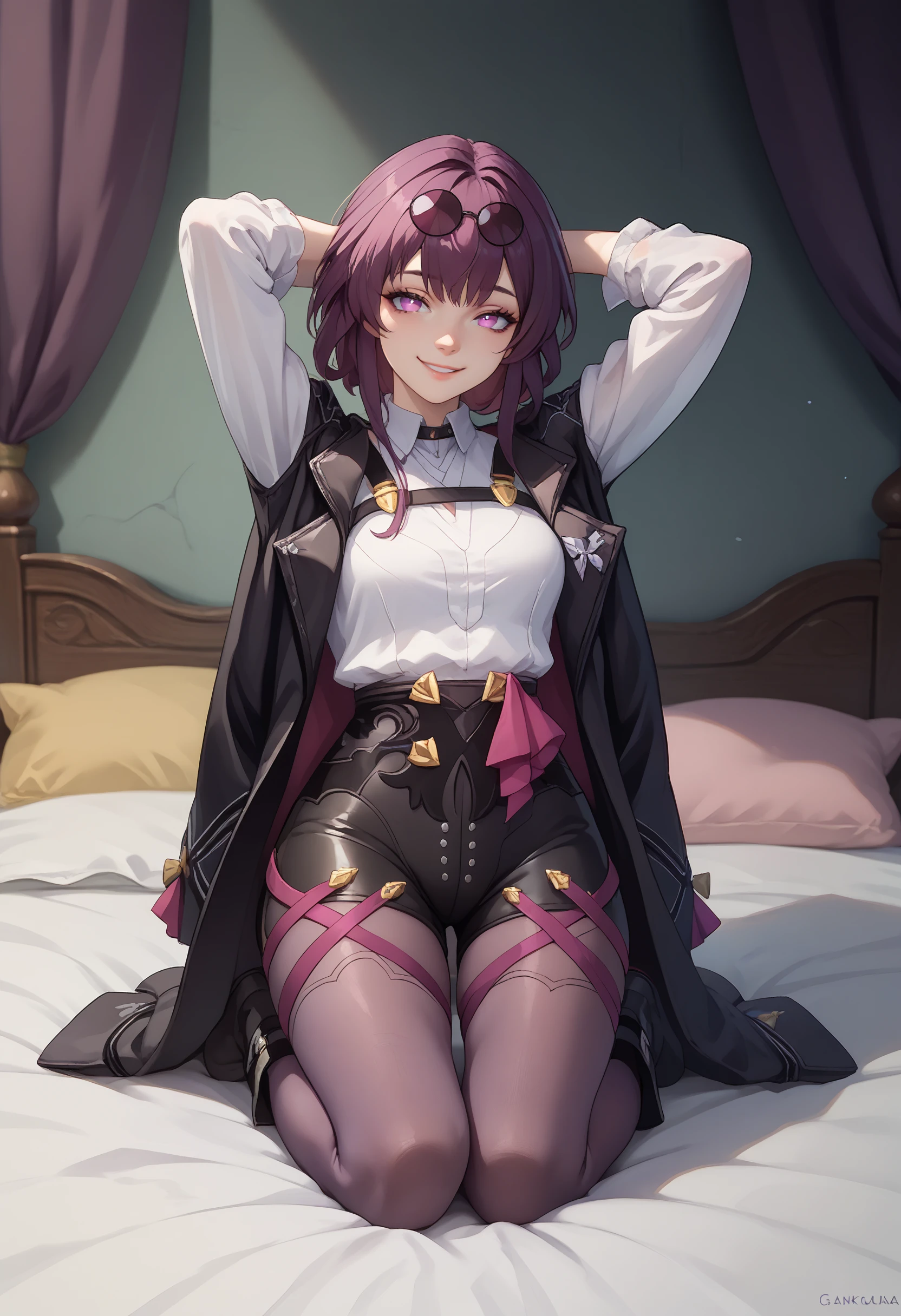 score_9, score_8_up, score_7_up BREAK solo, 1girl, clamKafka, smile, looking at you, arms behind head, kneeling, eyewear on head, black jacket, white shirt, black shorts, purple pantyhose, boots, bed <lora:clamKafkaPDXL:1>