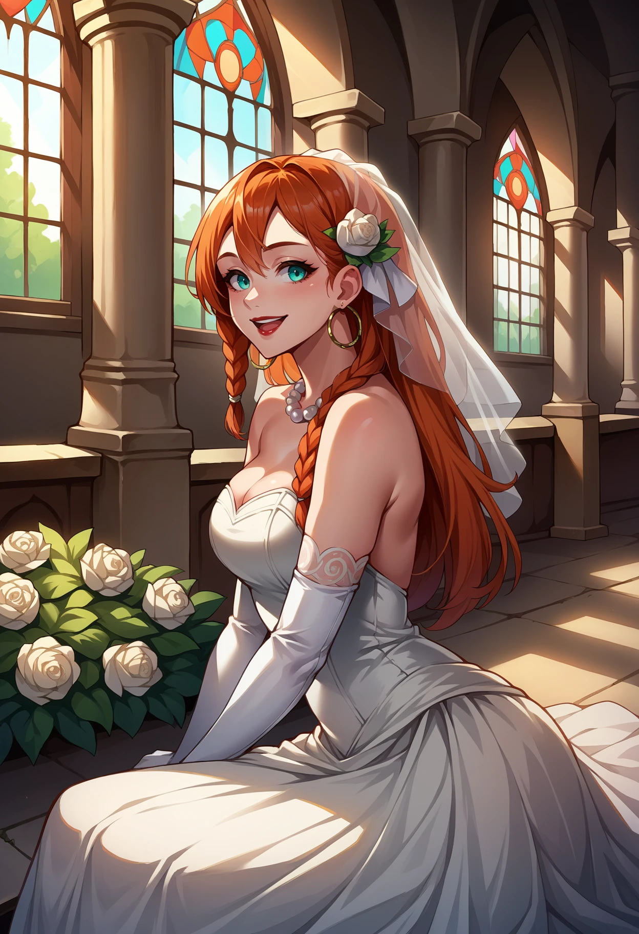 score_9, score_8_up,score_7_up, source_anime, rating_safe, 1girl, solo, <lora:EPmhrMinayle:1>, EPmhrMinayle, orange hair, long hair, braid,side braid, hair between eyes, aqua eyes, hoop earrings, red lips,  bride, wedding dress, bridal veil, white dress, hair ornament, white flower, pearl necklace, indoors, church, pillar, bush, sitting, from side, arm support, elbow gloves, white gloves, long dress, jewelry, arch, smile, open mouth