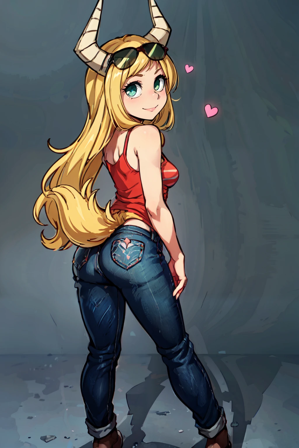 ((masterpiece,best quality)), absurdres, <lora:Tsunotori_Pony:0.7>,  zzTsunotori, blonde hair, long hair, blue eyes,   alternate costume, ass, back, bare shoulders, bent over, casual, clothing cutout, denim, eyewear on head, from behind, full body, green background, green eyes, heart, hooves, horse tail, jeans, legs apart, looking at viewer, looking back, murakami hisashi, pants, pocket, simple background, smile, standing, star (symbol), star print, sunglasses, tail, tail through clothes, tank top