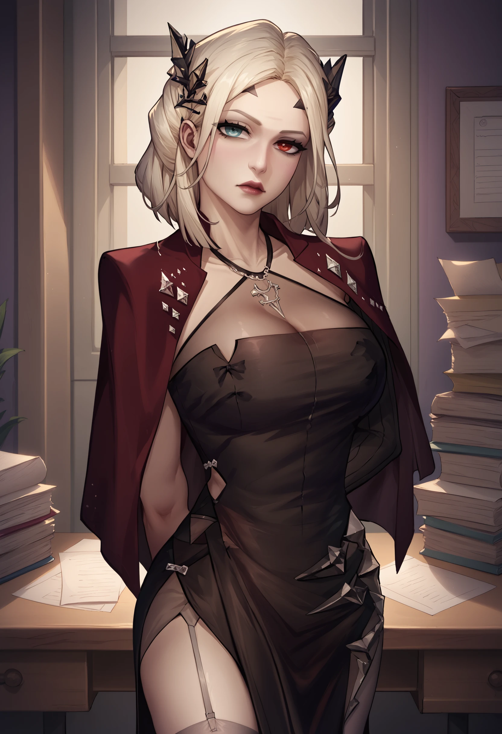 score_9,score_8_up,score_7_up,  <lora:eireneptn-ponyxl-beta4-alt-12:1>, EirenePTN, heterochromia, platinum blonde hair, medium hair, black hair ornament, forehead mark, makeup, necklace, halterneck, [sleeveless red dress:black dress:0.75], cleavage, side slit, see-through, red cape, single elbow glove, black glove, arms behind back, garter straps, grey thighhighs, fake tail, large breasts, standing, indoors, office interior, desk, paper stack, looking at viewer, light blush, head tilt, closed mouth, half-closed eyes, cowboy shot, hips, thighs, purple theme,mature female, lips, nose,