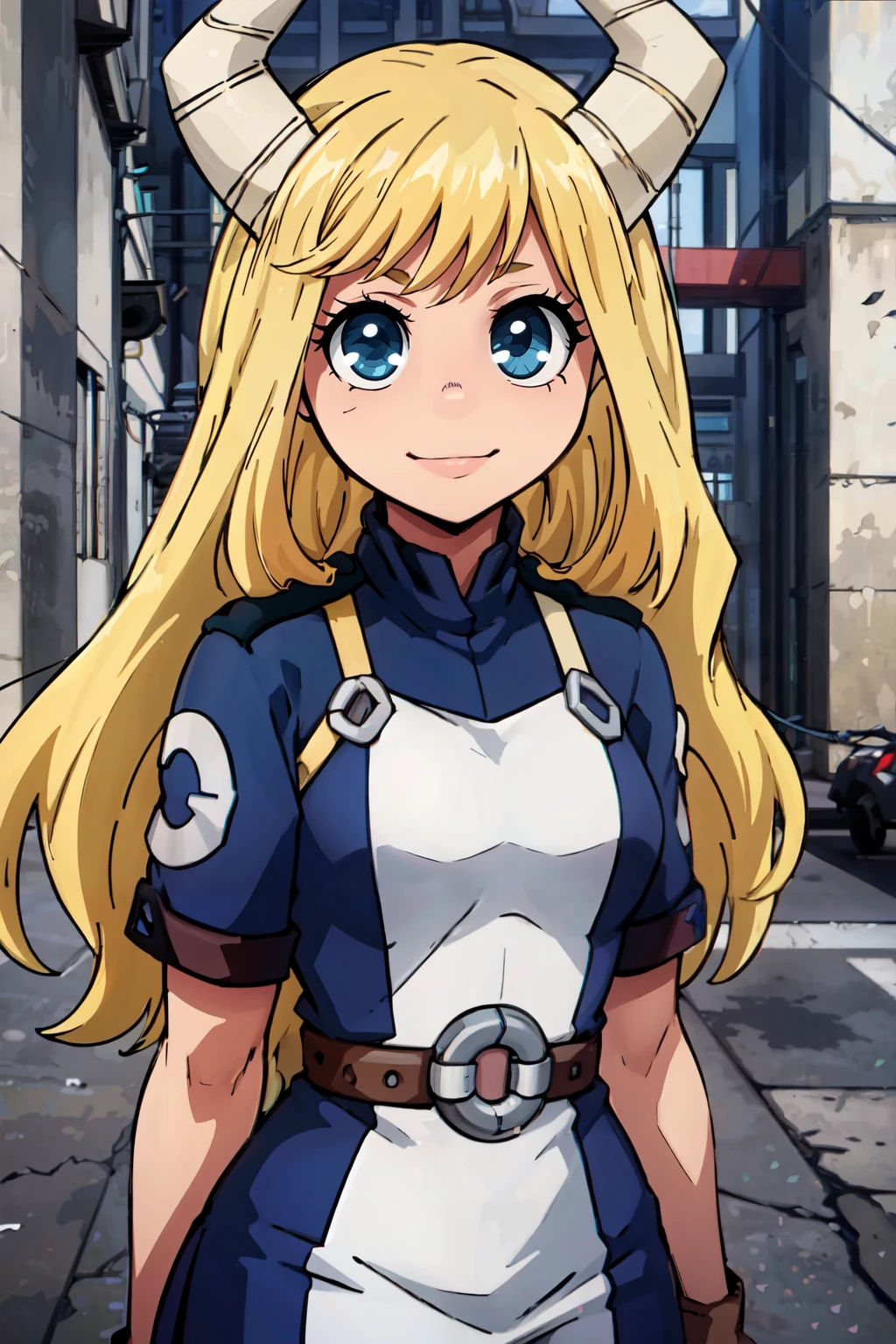 ((masterpiece,best quality)), absurdres, <lora:Tsunotori_Pony:0.7>,  zzTsunotori, blonde hair, long hair, blue eyes, closed mouth, upper body, solo, blue uniform,   cowboy shot, smile, looking at viewer,