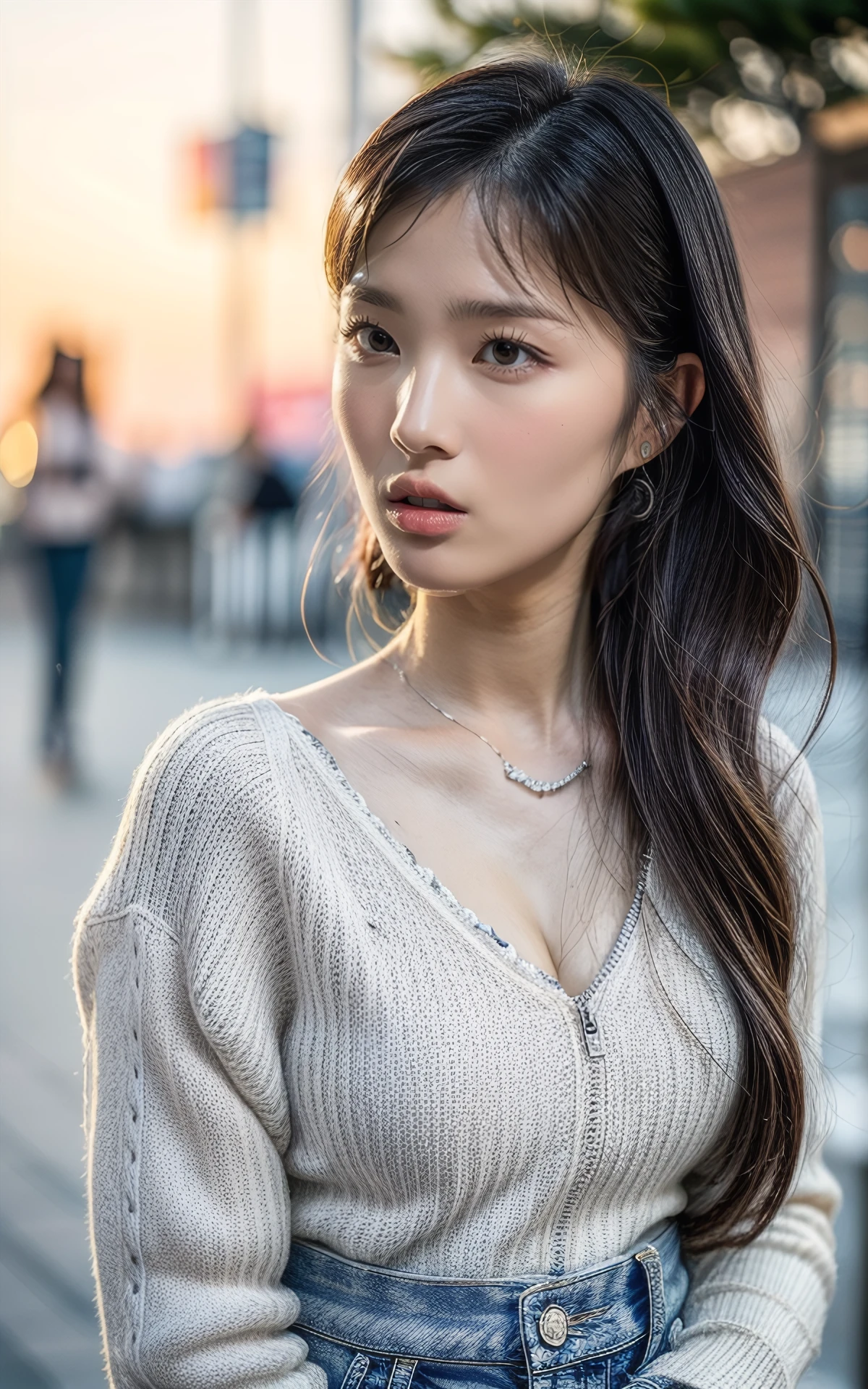 (smiling:1.2), (fullbody:1.2),  (realistic), (hyperrealism), (photorealistic:1.4), 1girl,  looking at the viewer, eye makeup, detailed eyes, detailed face, (upper body:1.2), detailed background, walking at the streets, sunset, (windy:1.2)  z1pp3rsw3at3r,, sleeves past wrists, zipper sweater, Denim jeans <lora:more_details:1>  <lora:zoom_slider_v1:5>   <lora:Kim_Hye_Yoon_V1:1> B_Kim_Hye_Yoon_V1 1woman