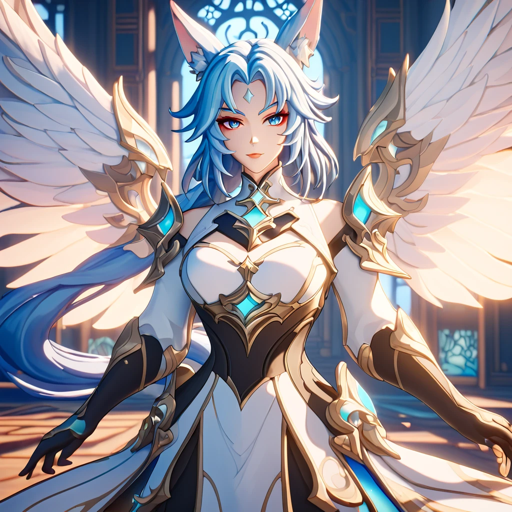  Genshin Impact character with blue hair and white fox ears, wearing silver armor with navy accents, stands in front of the temple of Nculatei, full body shot, Chinese martial arts style background, soft lighting, game illustration effect, 3D rendering, high resolution, full color, vibrant colors, high details, fine glossiness, amazing quality, insane details