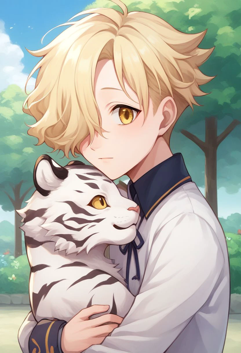 score_9, score_8_up, score_7_up, source_anime, highly detailed, 
gokotai, 1boy, male focus, white tiger, hair over one eye, yellow eyes, tiger, blonde hair, anime coloring, solo, upper body, tree, cute, pale, hug animal,
outdoor, garden japanese,