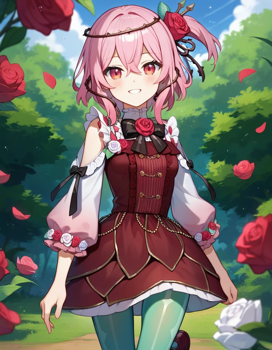 score_9,score_8_up,score_7_up,score_6_up BREAK official art,solo,outdoors,smile,cowboy shot,looking at viewer,facing viewer,Rosemi Lovelock,medium hair,pink hair,one side up,short sidetail,hair ornament,hair flower,red flower,red rose,sidelocks,hair between eyes,bangs,pink eyes,thorns,vines,shoulder cutout,clothing cutout,red dress,black bowtie,black bow,frills,puffy long sleeves,white flower,white rose,small breasts,green pantyhose,loafers,red footwear,<lora:Rosemi Lovelock(vtb)-Pony:1.8>,<lora:Smooth Anime Style LoRA XL:0.8>,