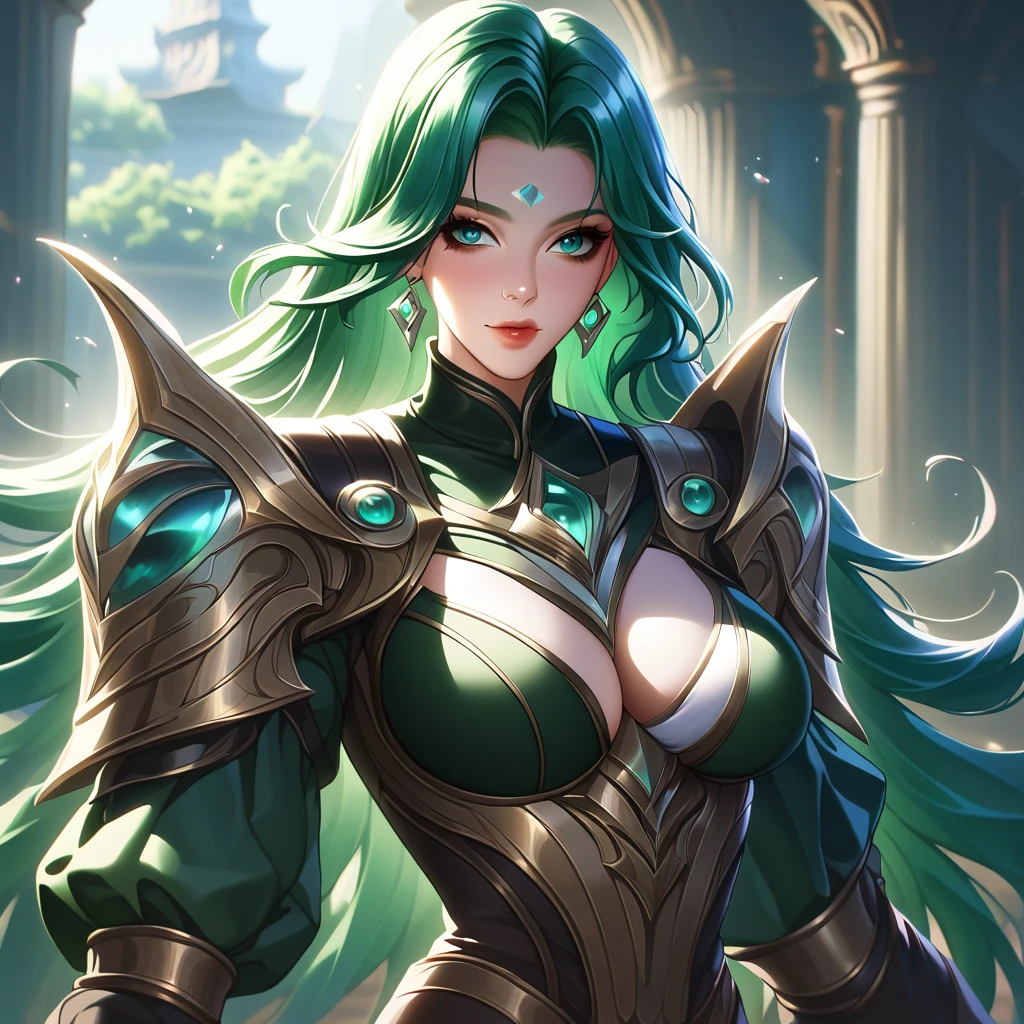 A beautiful female warrior with long green hair, wearing dark armor and flowing ribbons of light blue-green colored energy behind her, in the background is an ancient courtyard, in the style of League Of Legends, with super detailed artwork, unrealstyle, amazing quality, insane details