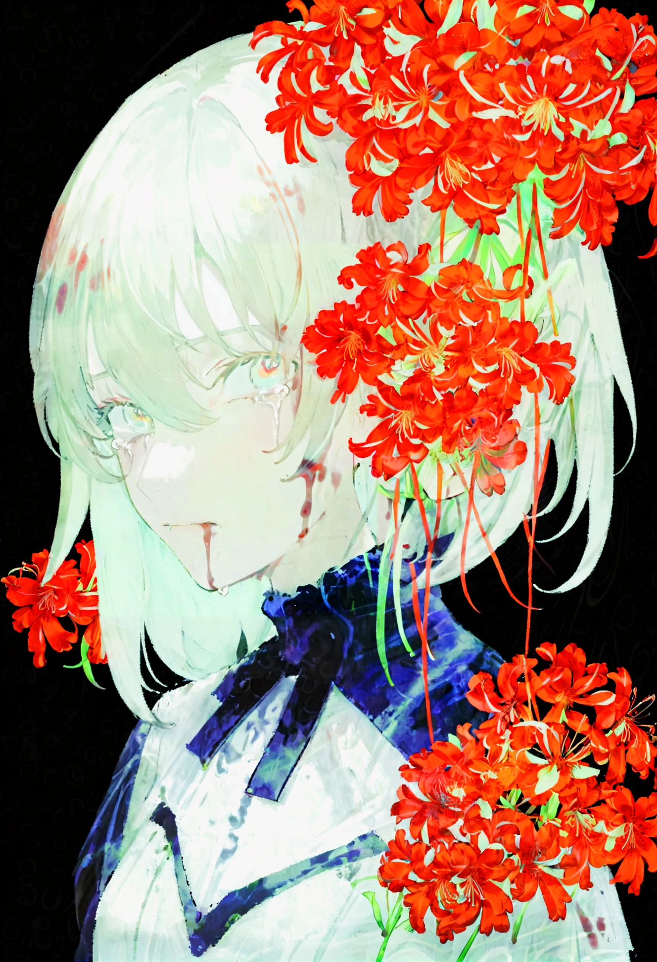 masterpiece, best quality,solo, blood, simple background, 1girl, flower, looking at viewer, white background, spider lily, tears, portrait, shirt ,
<lora:honoXLlokr4f-000174:0.95>
