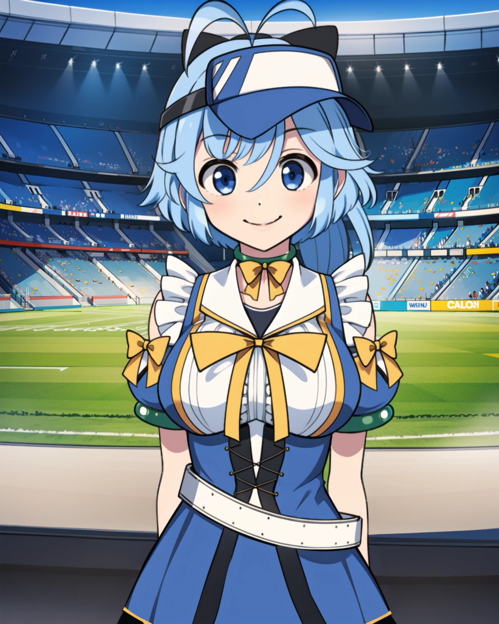 masterpiece, high quality, 1girl, mgrcutsuhonatsuki, cowboy shot, looking at viewer, blue hair, blue eyes, ahoge, blue with white visor cap, yellow bowties, black bow hairpin, white with blue dress, short sleeves, blue with black corset, green bracelets, white belt, outdoors, stadium, light smile, hands behind back, <lora:mgrcutsuhonatsuki:0.8>