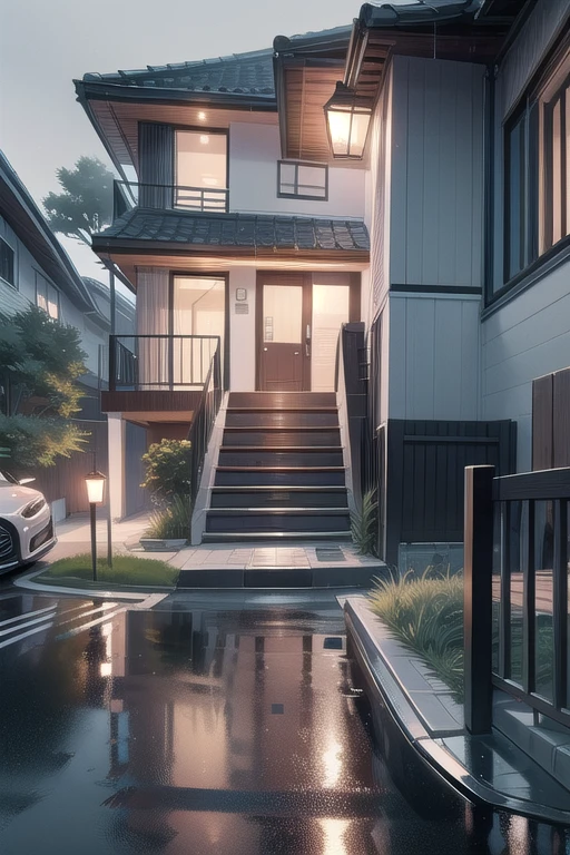 (((view from a height))), ((from above)), ((from behind)), ((second floor entrance)), ((going downstairs)), (front steps), handrail wall, car, wet, sky, wind, tree, turf, grass, slope, cloud, ocean, beach, glare, flare, pathway, building, roadside, lamppole, wire pole, victorian house, 1girl, cleavage, big tits, shy, blush, slim figure, <lora:building_secondfloorentrance:1>