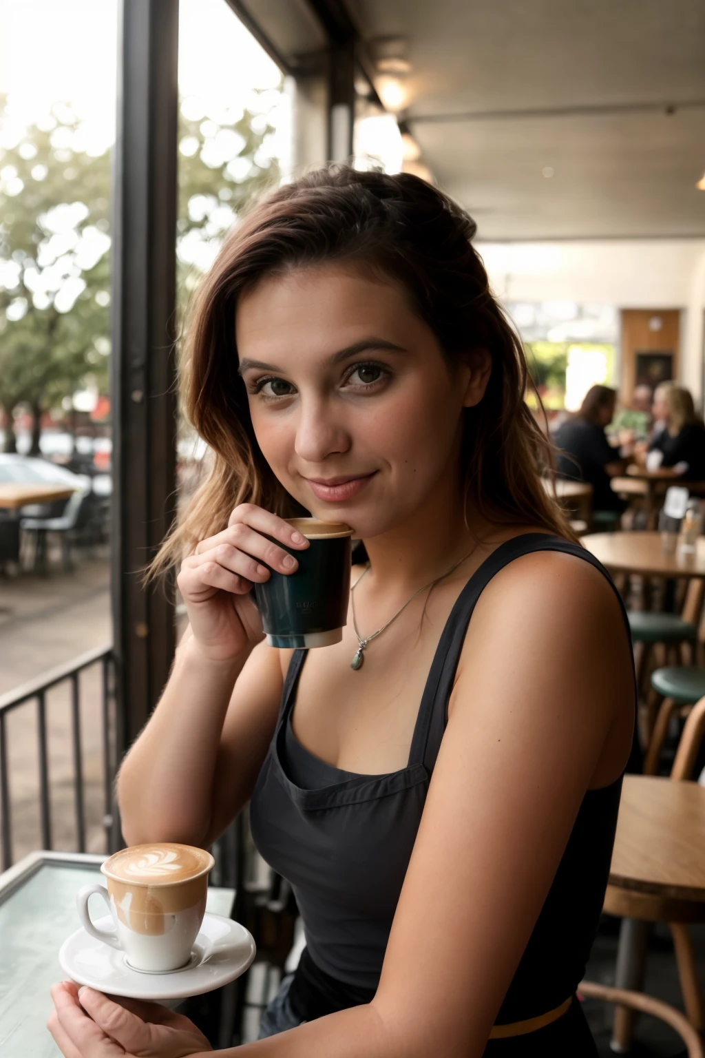 <lora:Abrianna:0.8> full color portrait of a young woman, having coffee at a vintage cafe,  natural light, RAW photo, subject, 8k uhd, dslr, soft lighting, film grain, Fujifilm XT3, Nikon D850