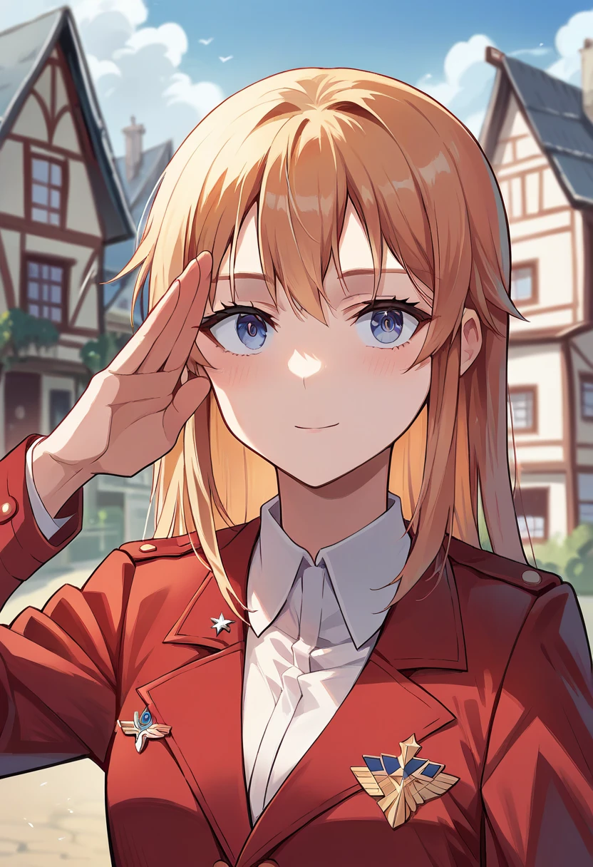 score_9, score_8_up, score_7_up, source_anime, masterpiece, 1girl, ctianshirley, long hair, red uniform, upper body, portrait, salute, looking at viewer, outdoors, town, <lora:Shirley_Strike_witches_pony_ct-000022:0.8>,