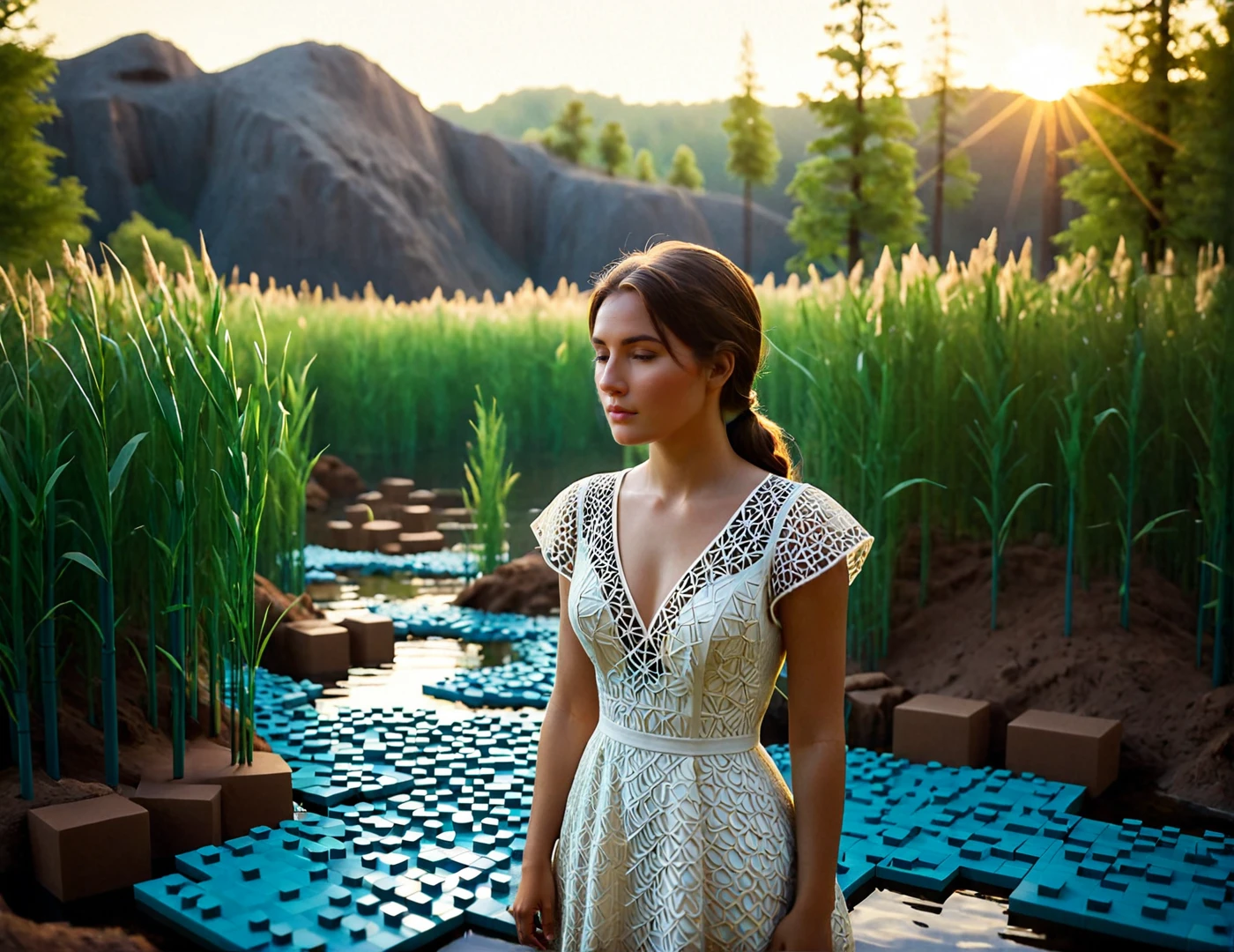 This 3D low-poly game concept image presents us a serene moment of a young woman in a natural setting, bathed in the soft, golden light of the setting sun. The image is characterized by a shallow depth of field, which blurs the background and emphasizes the subject, creating a bokeh effect that adds a dreamy quality to the photo. The woman's face is the focal point, with her features accentuated by the warm sunlight filtering through the tall grasses. Her expression is contemplative, and she wears a delicate white dress that complements the tranquil atmosphere. The photograph employs a technique reminiscent of analog film, with a grainy texture and a natural vignette that adds a nostalgic feel. The overall mood of the image is one of calm and introspection, evoking a sense of timelessness and connection with nature.
BREAK The scene is composed of a voxelized 3D scene. The woman, is surrounded by lowpoly fixtures that mimic the natural elements of the environment. These fixtures include water bodies represented by blue voxel blocks, trees depicted as green voxel clusters, and the ground made up of varying shades of brown voxel tiles. The Voronoi pattern is evident in the pentagonal shape of voxels and connection with its neighbors, creating a tessellated surface. The woman's body has a regular natural organic shape, which contrasts a lot with voxelized environment. This image captures the delicate organic folds and flow of the fabric on subject's body.
BREAK SK_CINEMATIC
<lora:Voronoiya_XL_v2_E13:0.67>