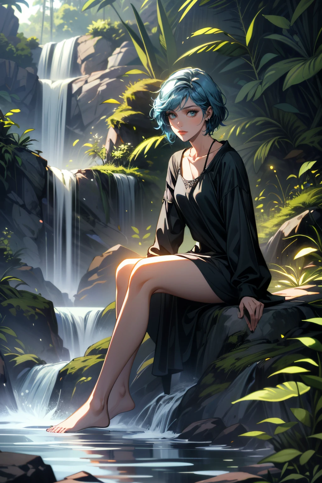 ((ultra detailed, masterpiece, absurdres))
 <lora:LISChloe:0.8>
LISChloe, 1girl, short hair, blue hair, looking at viewer, sitting, full body, Lush jungle with hidden waterfall, mystical ambiance and vibrant colors