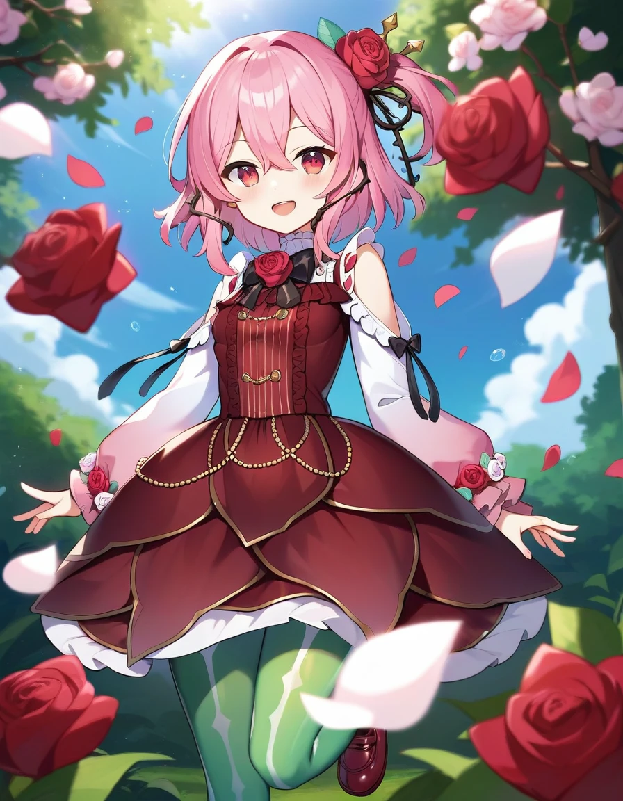 score_9,score_8_up,score_7_up,score_6_up BREAK official art,solo,outdoors,smile,cowboy shot,looking at viewer,facing viewer,Rosemi Lovelock,medium hair,pink hair,one side up,short sidetail,hair ornament,hair flower,red flower,red rose,sidelocks,hair between eyes,bangs,pink eyes,thorns,vines,shoulder cutout,clothing cutout,red dress,black bowtie,black bow,frills,puffy long sleeves,white flower,white rose,small breasts,green pantyhose,loafers,red footwear,<lora:Rosemi Lovelock(vtb)-Pony:1.6>,<lora:Smooth Anime Style LoRA XL:0.8>,