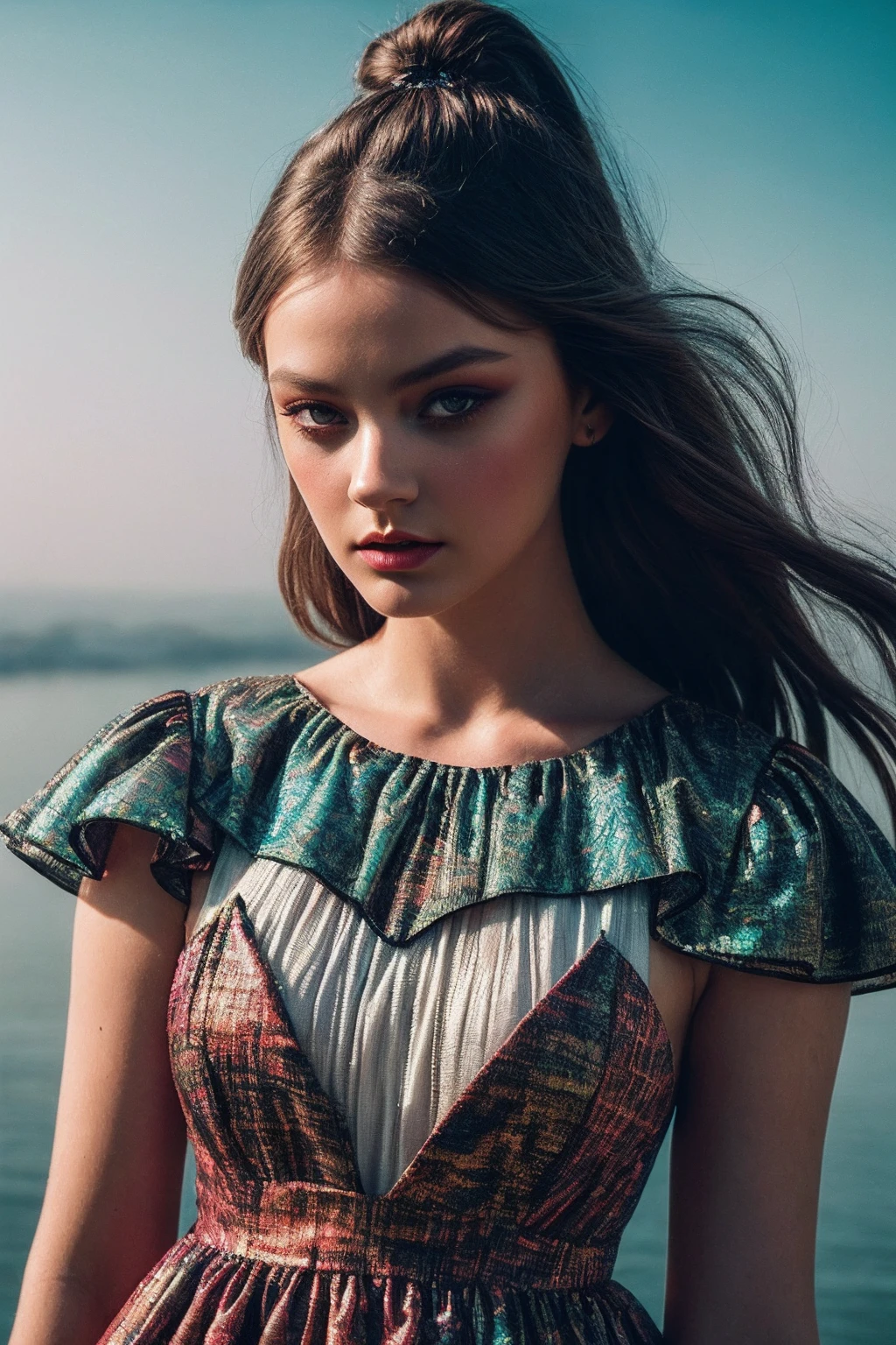 An illustrated movie poster, hand-drawn, full color, a Westerosi teenage girl, wearing a regal chiton, warm brown complexion, sun-tanned skin, turquoise eyes, mousy brown hair, long loose curls, waist-length hair, posing on a pedestal, hard shadows, graphite shading, stencil marks, airbrushed acrylic paint, masterpiece, in the style of Game of Thrones