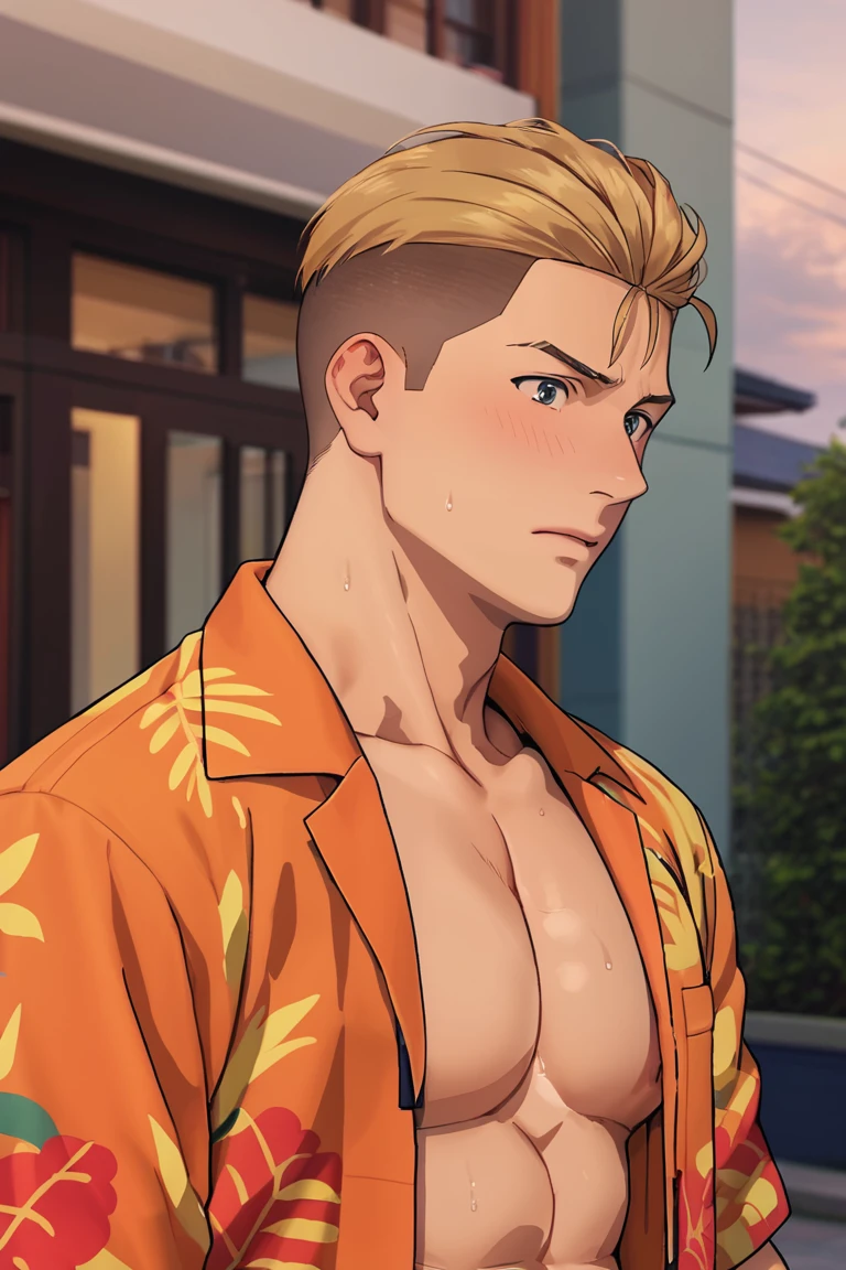 score_9, score_8_up, score_7_up, solo male, Ryoma Arakai, blond hair, two-tone hair, slicked back hairstyle, undercut, grey eyes, pecs, abs, orange hawaiian shirt, open shirt. bare neck, bare chest, handsome, charming, alluring, (portrait, close-up:1.2), shy, blush, surprised, embarrassed, sweaty, upper body, perfect anatomy, perfect proportions, best quality, masterpiece, high_resolution, cowboy shot, photo background, (perfect face, perfect eyes:1.3)<lora:EMS-392012-EMS:0.800000>