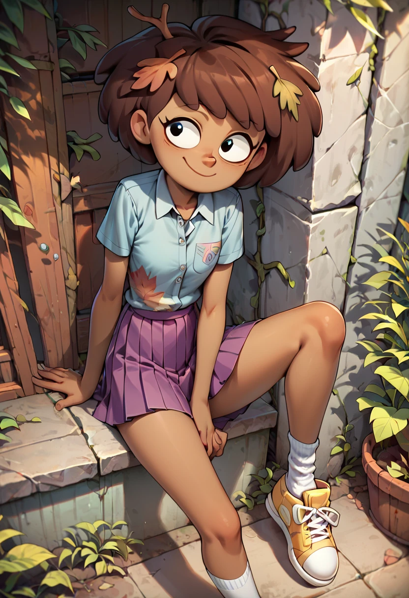 score_9,score_8_up,score_7_up,score_6_up,score_5_up,score_4_up,<lora:Anne_Boonchuy_from_Amphibia:0.75>,1 girl,anneboonchuy,brown hair,dark-skinned female,short hair,leaf hair ornament,smile,white socks,collared shirt,sneakers,purple skirt,pleated skirt,<lora:2.5DCartoonV2:0.6>,