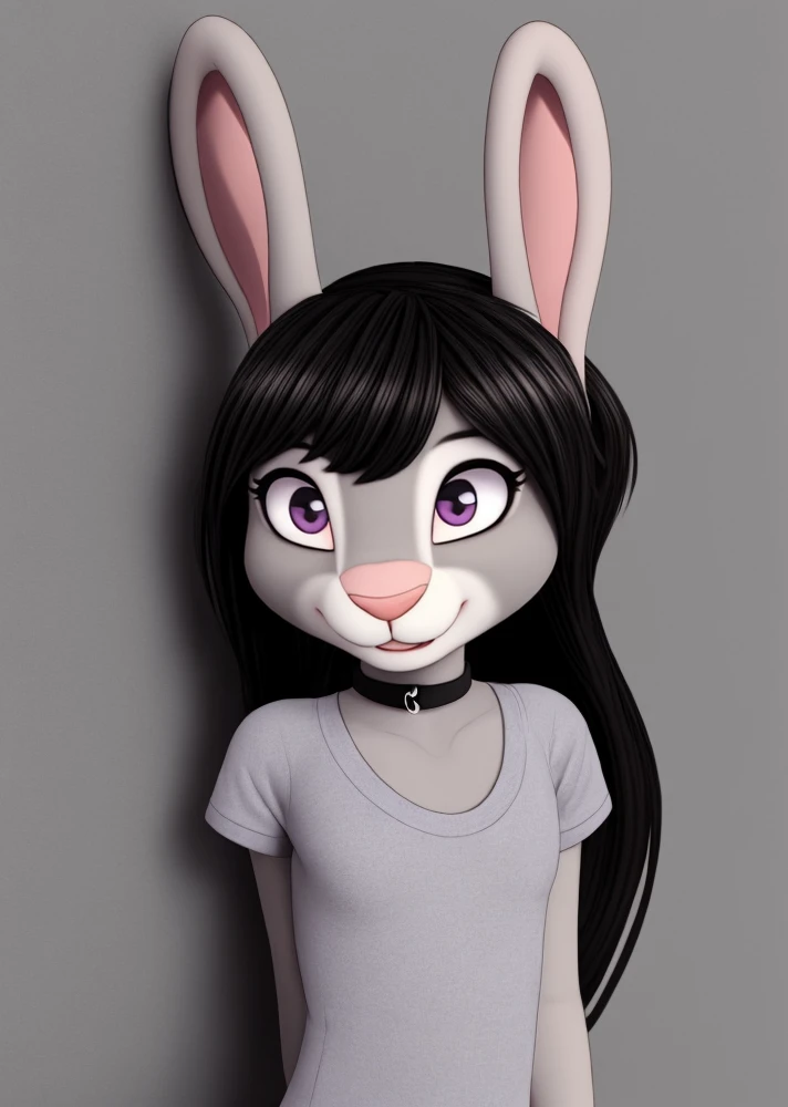 ((wall graffiti background)),young slim athletic (anthro grey bunny:1.35), (light purple eyes), (bangs:1.3), (black hair:1.2), (very long high ponytail:1.1), (perfect face:1.1),(perfect eyes:1.1), oversized black t-shirt, black lipstick, medium breasts, eyelashes, , black choker, hair ribbons, smooth,intricate detailed, unreal engine, render, uploaded on e621, blushing, satisfied suggestive smile, blender render, cute, adorable, (fluffy colored fur body), relaxed, (fur), realistic eyes, light particles, sexy suggestive pose , medium shot, ,<lora:add_detail:0.7>, <lora:Style-Rustle:0.3>,<lora:Style-pixar:0.4>, <lora:skidoo-000015(cub):0.35>, <lora:possum_machine2:0.4>, <lora:SummerSmith(RM):0.35>, <lora:rick_and_morty_characters:0.15>, <lora:FantasyTavern-10:0.35>, <lora:polyhedron_skinny_all-fp32-fp16-no-ema:0.25>