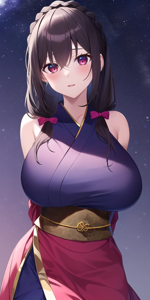 <lora:YunyunV3:0.7> yun^2, huge_breasts, standing, solo, kimono, , arms_behind_back, starry_sky,, masterpiece, best_quality, detailed_face, detailed_eyes, highres, beautiful, detailed, absurdres,