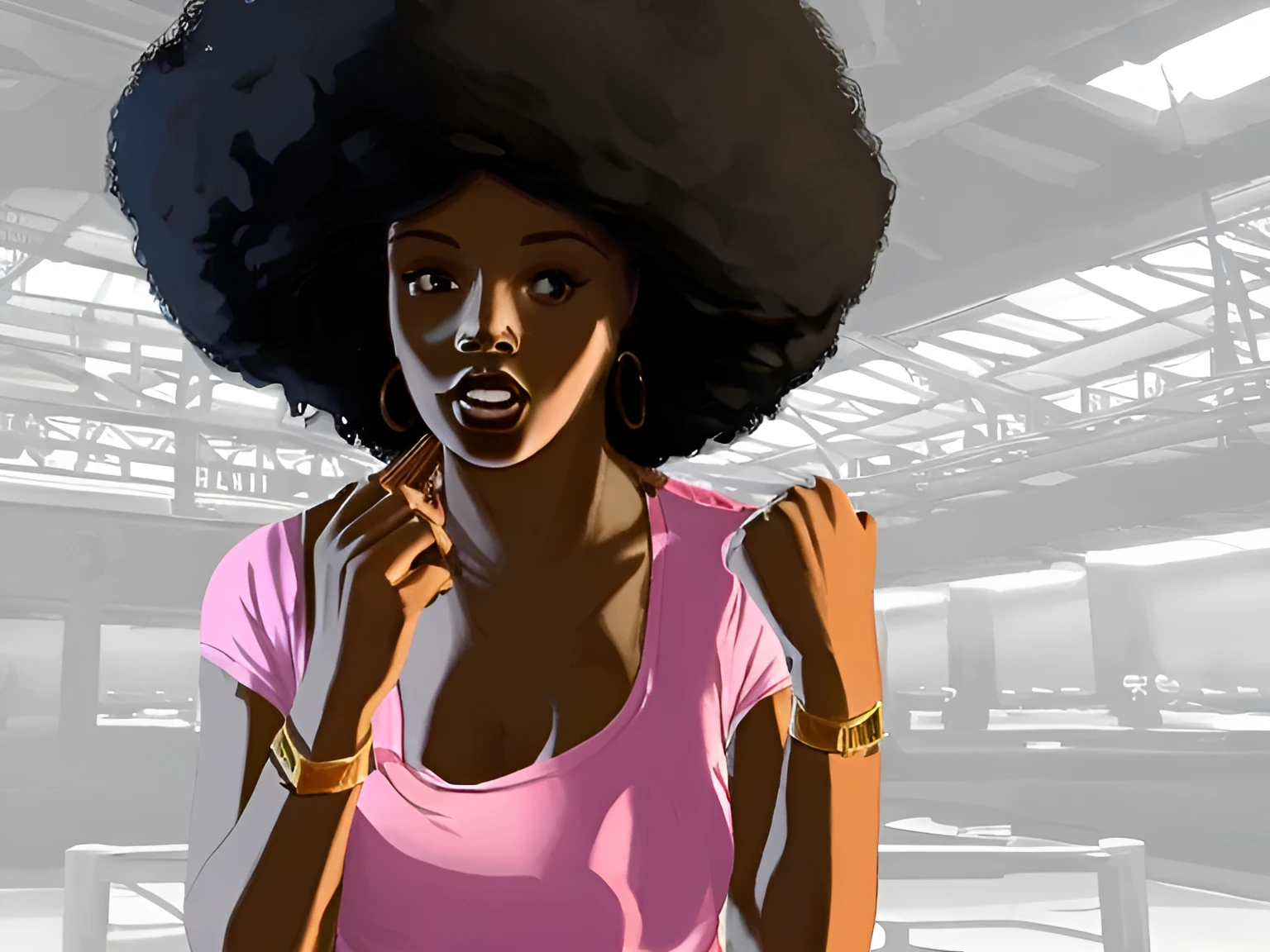 African girl , (black Afro), 80's anime style, (semi big chest chest), thighs, hips, small waist, park bench, biker shorts, in basement washing clothes, in bra with messy food particles on boobs basement server background.