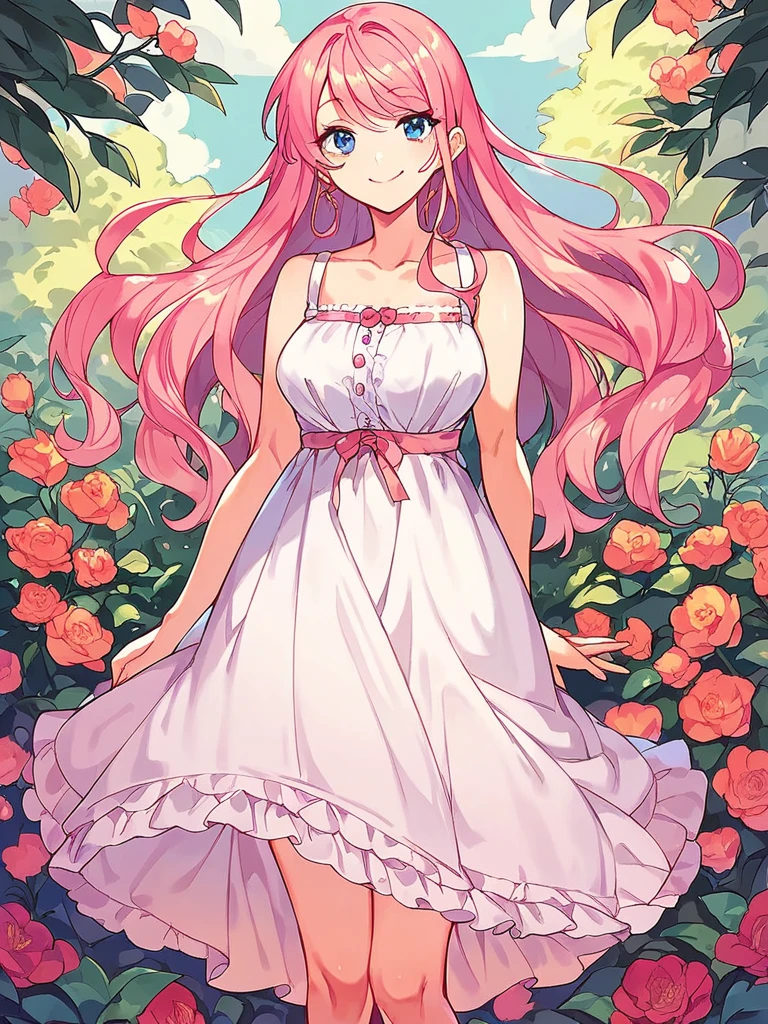 score_9, score_8_up, score_7_up, 
1girl, pink hair, long hair, pink dress, sundress, blue eyes, smile, looking at viewer,