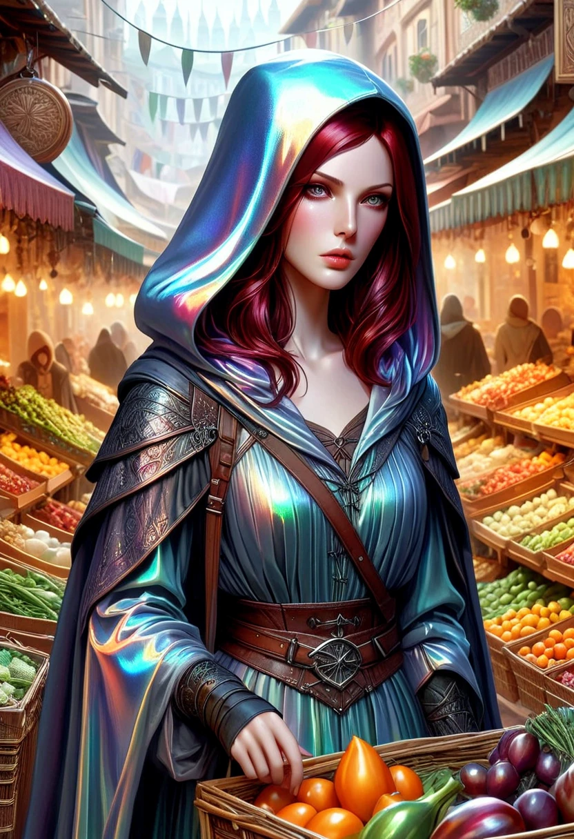 an assassin with dark red hair wearing an iridescent hood shopping in an iridescent fantasy market, semi realism