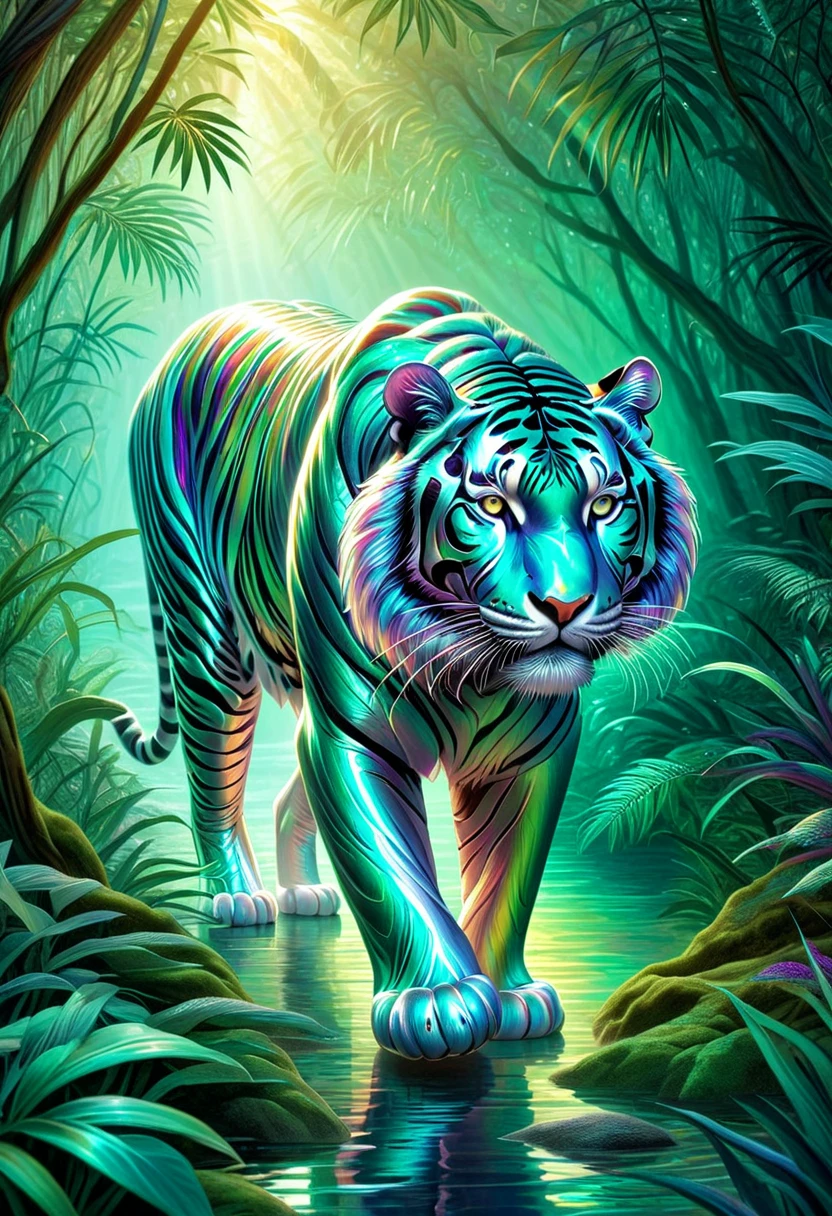 iridescent, an iridescent tiger stalking through an iridescent fantasy jungle