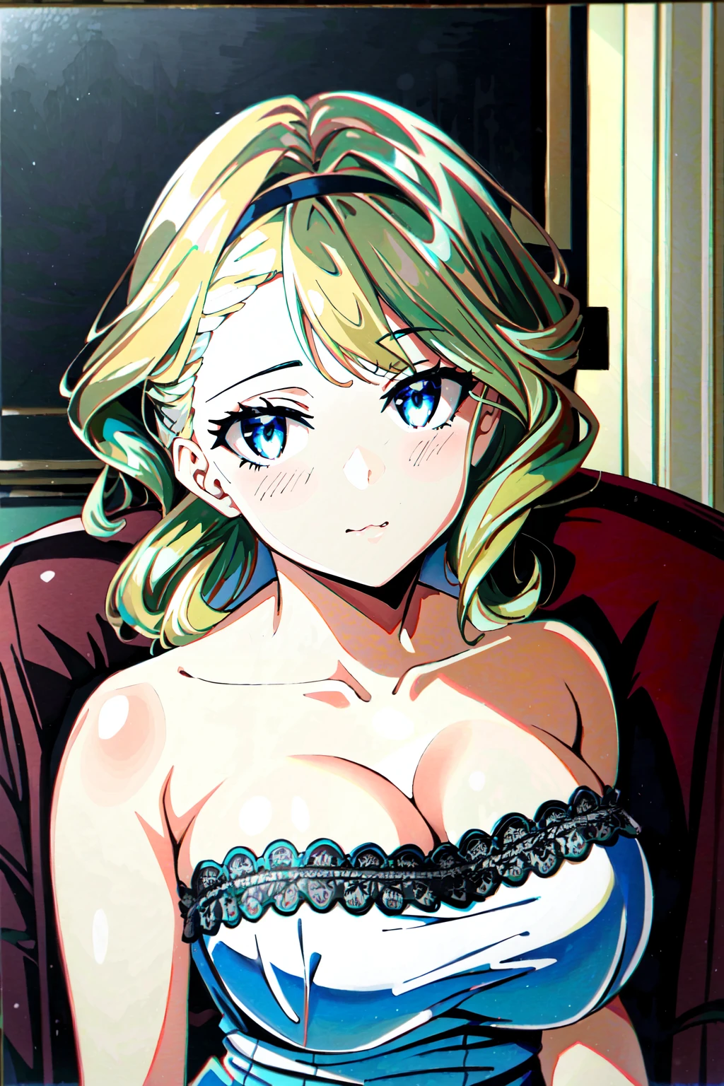 1girl, solo, upper body, blonde hair, blue eyes, parted hair, wavy hair, long hair, strapless dress, lace trim, indoors, Victorian, realistic <lora:Victorian_Anime_Art_v3_r1:1>