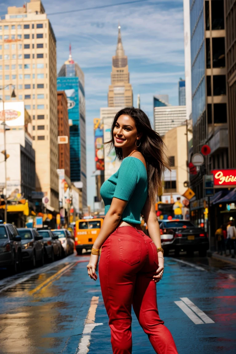 City streetscape with vibrant urban backdrop: towering skyscrapers, bustling sidewalks, and neon billboards. Framed by a warm overhead sunlight casting long shadows. Beautiful woman, mid-twenties, with sun-kissed hair and bright smile, wearing a bike-inspired top and micro jean shorts, showcasing toned legs. She struts confidently down the street, arms swinging, as passersby gaze admiringly. Profile view, looking at viewer<lora:EMS-179-EMS:0.800000>, <lora:EMS-403272-EMS:0.800000>