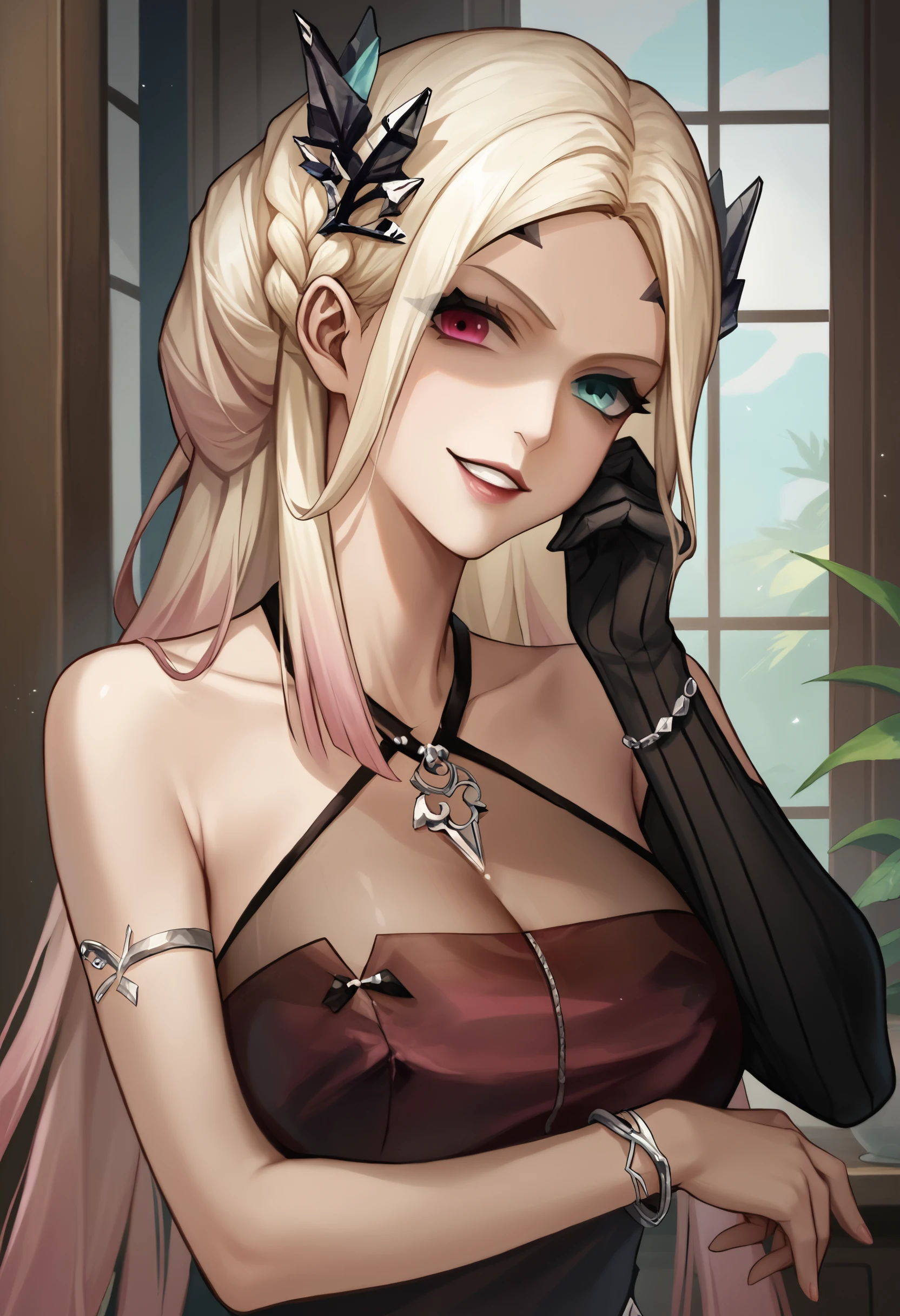 score_9,score_8_up,score_7_up,  <lora:eireneptn-ponyxl-beta4-alt-12:1>, EirenePTN, platinum blonde hair, long hair, braided bun, gradient hair, black hair ornament, forehead mark, heterochromia, makeup, necklace, halterneck, sleeveless red dress, cleavage, see-through, single elbow glove, black glove, bracelet, large breasts, standing, indoors, looking at viewer, raised eyebrows, evil smile, grin, shaded face, parted lips, upper body, half-length portrait, arm under breasts, hand on own cheek, mature female, nose, lips, bare shoulders, glowing eyes, v-shaped eyebrows,