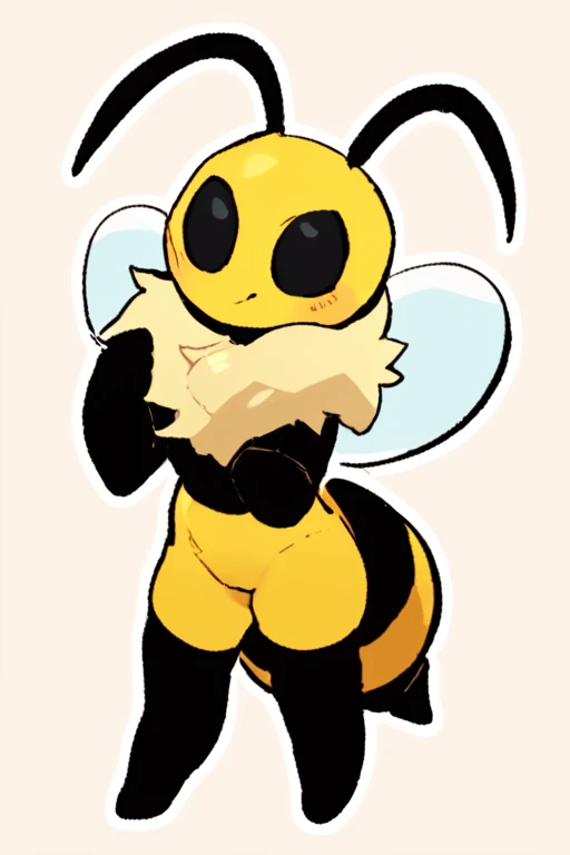 Duo, score_9,score_8_up,score_7_up, score_6_up, score_5_up, kemono style, anthro, a tall bee, tall and slender body, female Anthro bee, naked, black nipples, bug, insect, nostrils, fuzzy head, white eyes, black sclera, small bee antennae, small bee abdomen, bee wings, yellow body, black arms and legs, brown neck fur, in a forest of giant sunflowers, yellow pussy, sex, cowgirl position sex, she is fucking a faceless human male, human male is cropped out, honey in her pussy, honey on human males cock, on the ground, honey on her breasts