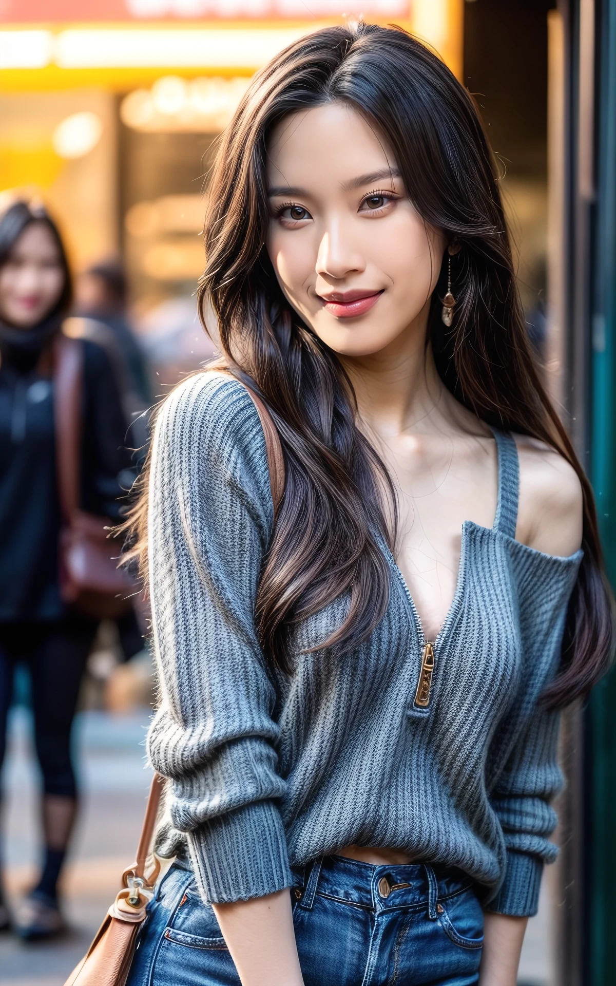 (smiling:1.2), (fullbody:1.2),  (realistic), (hyperrealism), (photorealistic:1.4), 1girl,  looking at the viewer, eye makeup, detailed eyes, detailed face, (upper body:1.2), detailed background, walking at the streets, sunset, (windy:1.2)  z1pp3rsw3at3r,, sleeves past wrists, zipper sweater, Denim jeans <lora:more_details:1>  <lora:zoom_slider_v1:4>   <lora:Moon_Gayoung_V1:1> B_Moon_Gayoung_V1 1woman