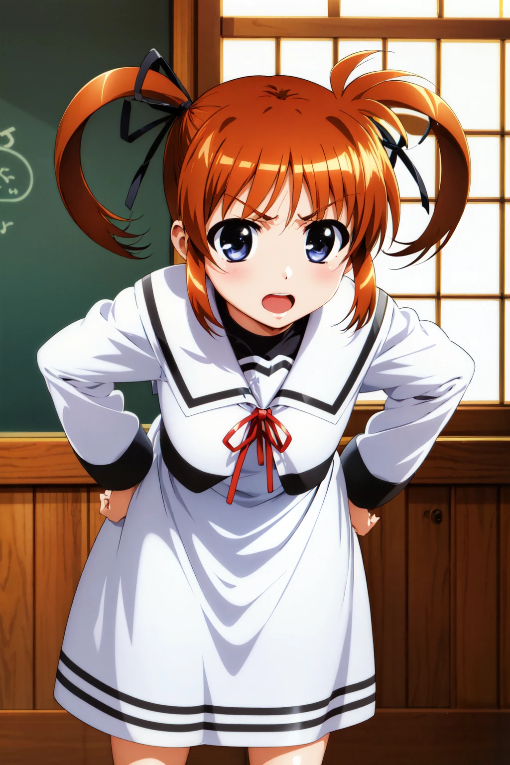 masterpiece, best quality, highres, bbnanoha, short twintails, hair ribbon, small breasts, school uniform, sailor collar, neck ribbon, (white shirt:1.2), sailor dress, long sleeves, white skirt, <lora:takamachi_nanoha_v1:0.7>, hands on hips, serious, open mouth, leaning forward, indoors