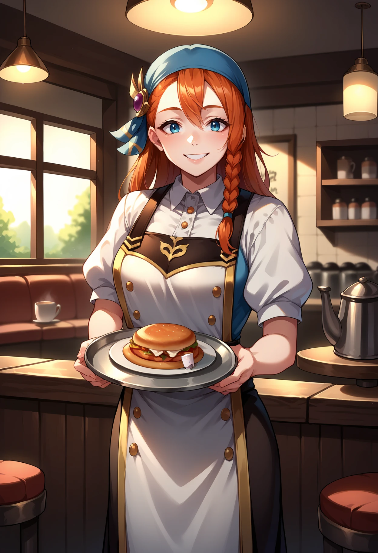 score_9, score_8_up,score_7_up, source_anime, rating_safe, 1girl, solo, <lora:EPmhrMinayle:1>, EPmhrMinayle, orange hair, long hair, braid,side braid, hair between eyes, indoors, diner, holding, coffee pot, waitress, tray, serving, standing, smile, headband, blue headwear,