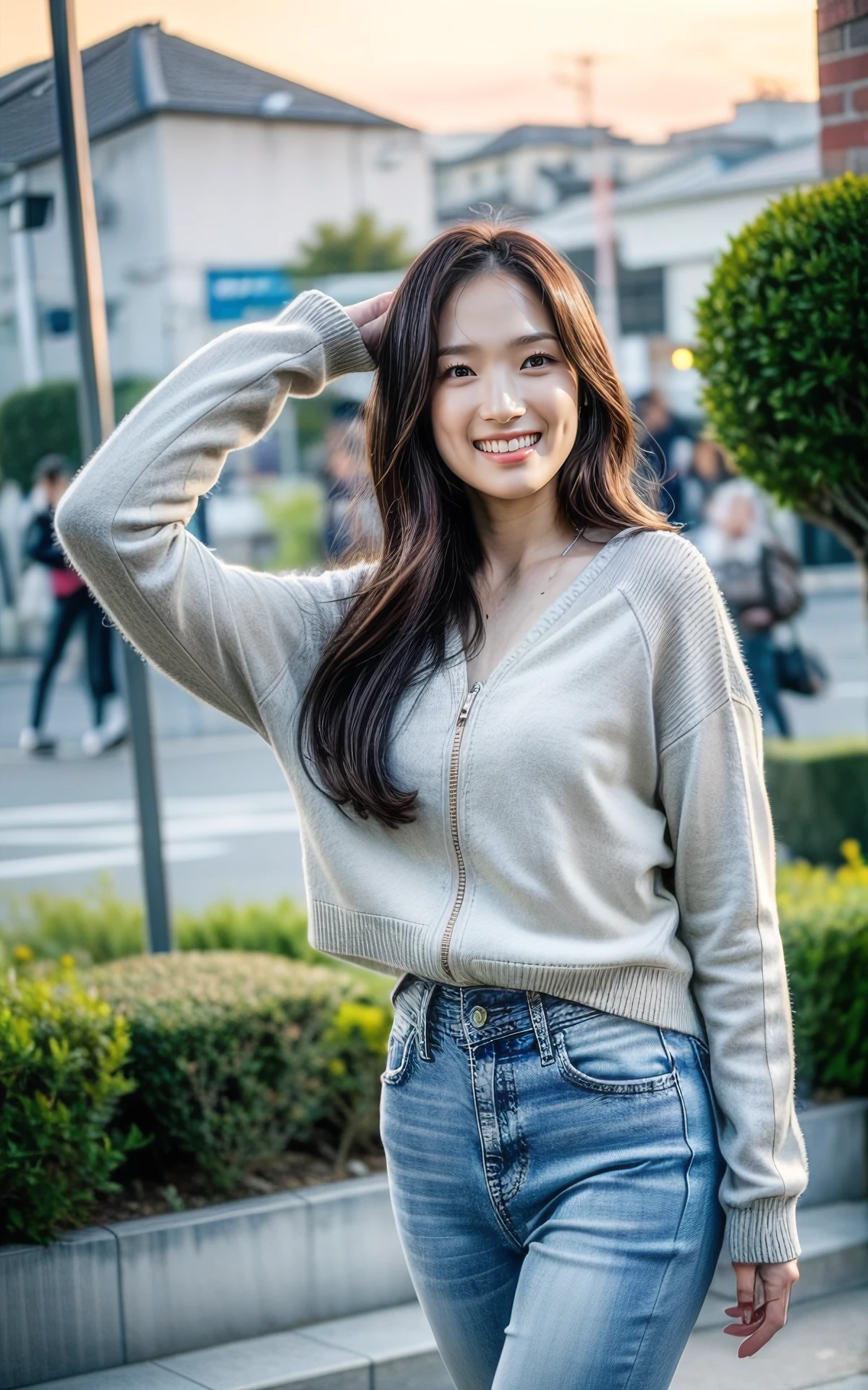 (smiling:1.2), (fullbody:1.2),  (realistic), (hyperrealism), (photorealistic:1.4), 1girl,  looking at the viewer, eye makeup, detailed eyes, detailed face, (upper body:1.2), detailed background, walking at the streets, sunset, (windy:1.2)  z1pp3rsw3at3r,, sleeves past wrists, zipper sweater, Denim jeans <lora:more_details:1>  <lora:zoom_slider_v1:-2>   <lora:Kim_Hye_Yoon_V1:1> B_Kim_Hye_Yoon_V1 1woman