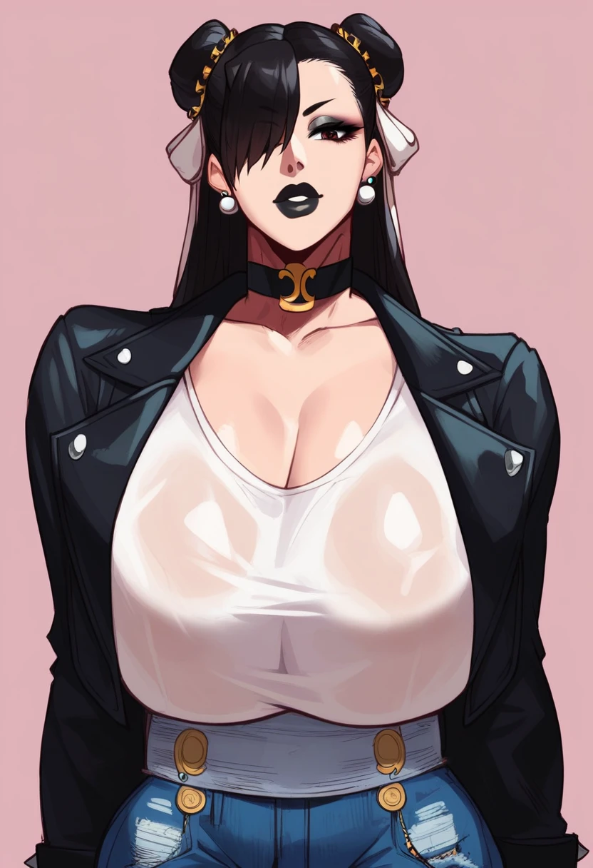 score_9, score_8_up, score_7_up, score_6_up, BREAK 1girl, female, huge breasts, thick thighs, wide hips, tall woman, voluptuous, black lips, goth, black choker, Chun-Li, leather jacket, white top, black jeans, long hair, hair buns, hair covering one eye, black eyeliner <lora:sotcho-000002:1>