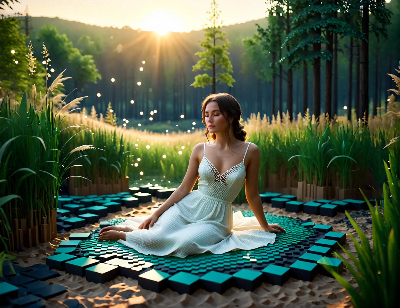 This 3D low-poly game concept image presents us a serene moment of a young woman in a natural setting, bathed in the soft, golden light of the setting sun. The image is characterized by a shallow depth of field, which blurs the background and emphasizes the subject, creating a bokeh effect that adds a dreamy quality to the photo. The woman's face is the focal point, with her features accentuated by the warm sunlight filtering through the tall grasses. Her expression is contemplative, and she wears a delicate white dress that complements the tranquil atmosphere. The photograph employs a technique reminiscent of analog film, with a grainy texture and a natural vignette that adds a nostalgic feel. The overall mood of the image is one of calm and introspection, evoking a sense of timelessness and connection with nature.
BREAK The scene is composed of a voxelized 3D scene. The woman, is surrounded by lowpoly fixtures that mimic the natural elements of the environment. These fixtures include water bodies represented by blue voxel blocks, trees depicted as green voxel clusters, and the ground made up of varying shades of brown voxel tiles. The Voronoi pattern is evident in the pentagonal shape of voxels and connection with its neighbors, creating a tessellated surface. The woman's body has a regular natural organic shape, which contrasts a lot with voxelized environment. This image captures the delicate organic folds and flow of the fabric on subject's body.
BREAK SK_CINEMATIC
<lora:Voronoiya_XL_v2_E17:0.9>