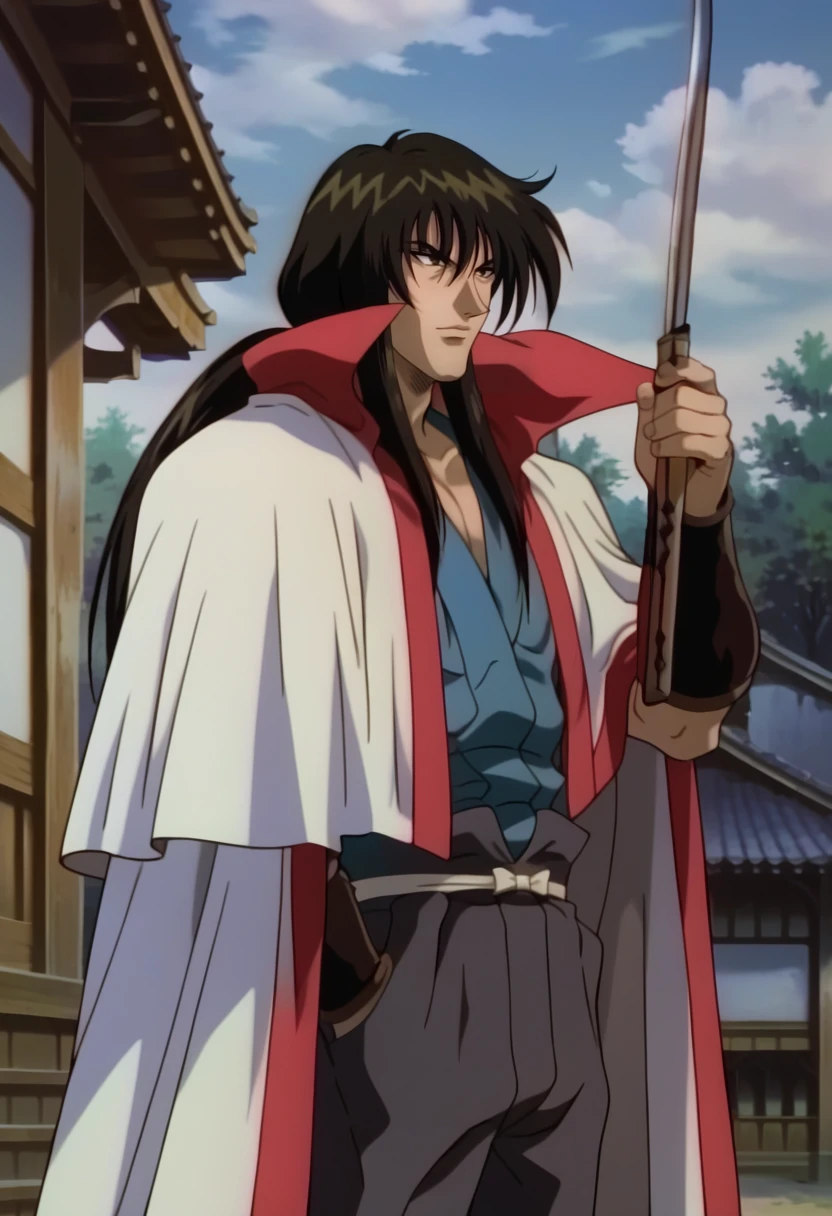 score_9, score_8_up, score_7_up, score_6_up, detailed, ,source_anime, male focus
hiko seijuro, black hair, black eyes, sword, weapon, 1boy, solo, male focus, ((over shoulder, weapon over shoulder)), japanese clothes,cape, outdoors, katana, cape, blue shirt, brown pants, ponytail<lora:EMS-403680-EMS:1.000000>