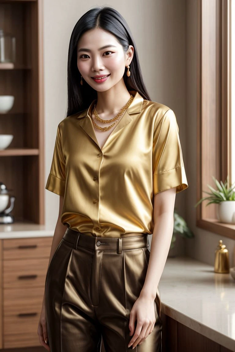 Half-length glamour portrait, nikon D850, f1.6 lens, 200mm, DSLR, 22 Megapixels, (((Blossoming orchard scene))), shot of a stunning 19 years old korean girl, (smile:1.4), (wearing golden brown silk blouse with medium gray velvet pants:1.6), ((seductive pose)), hot girl, (((big natural breasts))), (((black fringe hair))), (small girl), symmetrical face, photorealistic, photography, (bright natural lighting), gorgeous, deep cleavage, (masterpiece), best quality, high resolution, extremely detailed, cinematic lighting, (((very narrow waist))), rich colors, hyper realistic, lifelike texture, ((jewelry)), (((She has beautiful hands and wears rings))), (bracelet), (necklace), (ankle chain), (nail polish) (earrings), Fuji Superia 200, 8k
