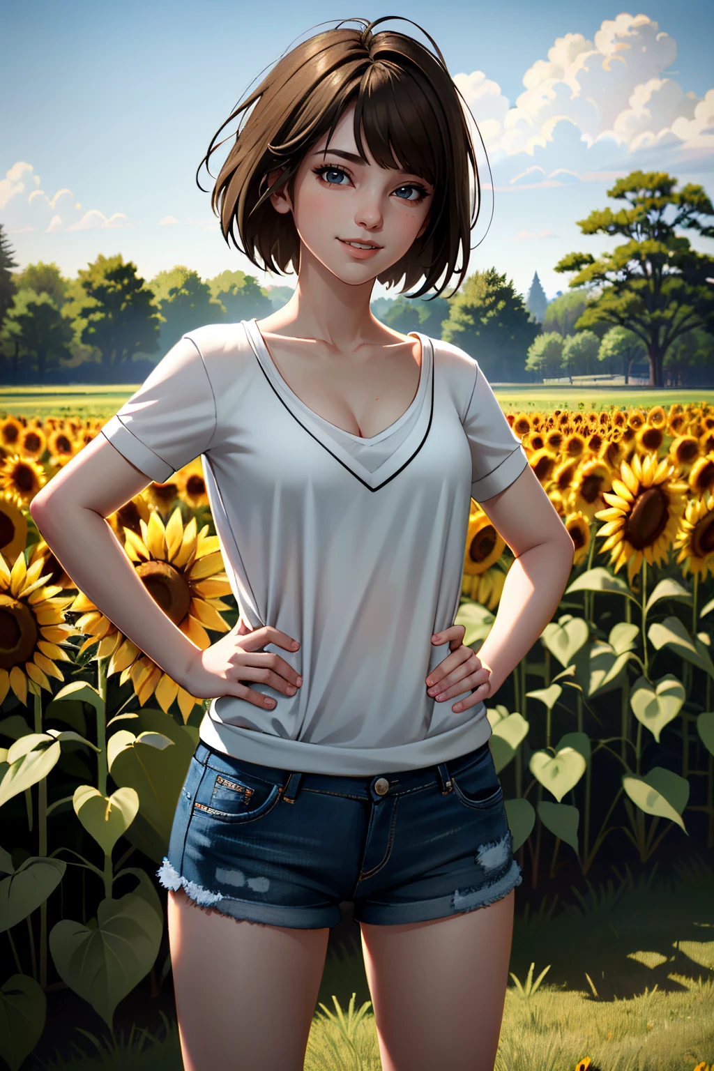 ((ultra detailed, masterpiece, absurdres))
 <lora:LISMax:0.8>
LISMax, 1girl, brown hair, surrounded by sunflowers in a bright field, smiling, with hands on hips