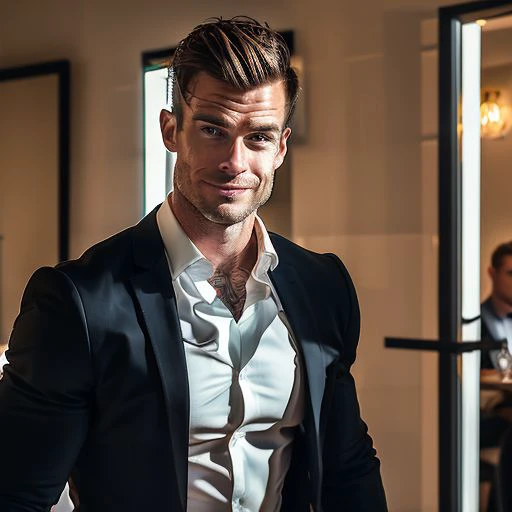 (masterpiece), best quality, expressive eyes, perfect face, 31-year-old handsome white male recovering addict, dark brown hair, thin but muscular frame, dressed professionally, black blazer white shirt, clean shaven, looking very convincing as a professional, at a speed dating event, walking into the entrance, full body visible, realistic style, good lighting